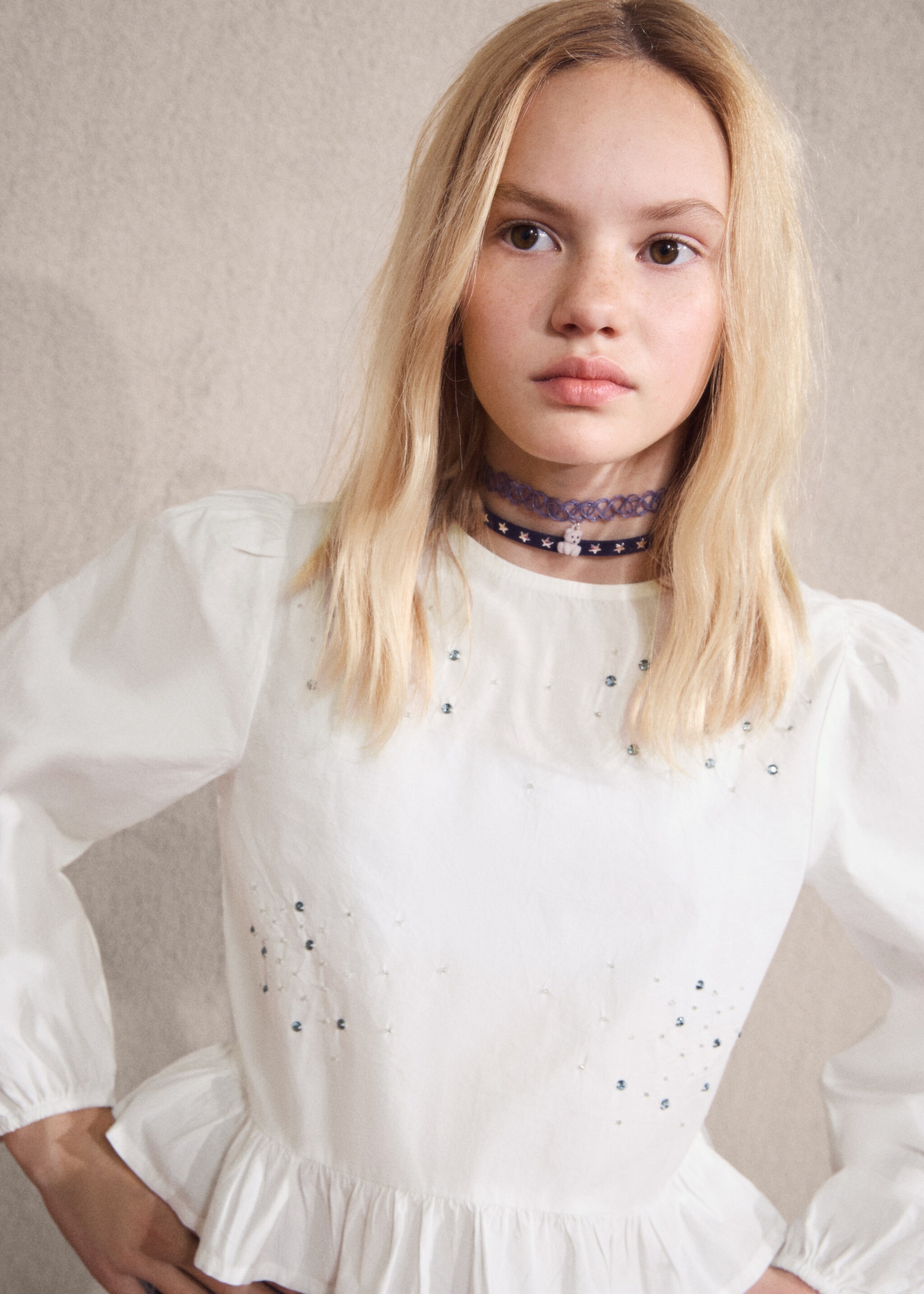 Beaded embroidered blouse - Details of the article 5, White. Ref: 27041174-00.
