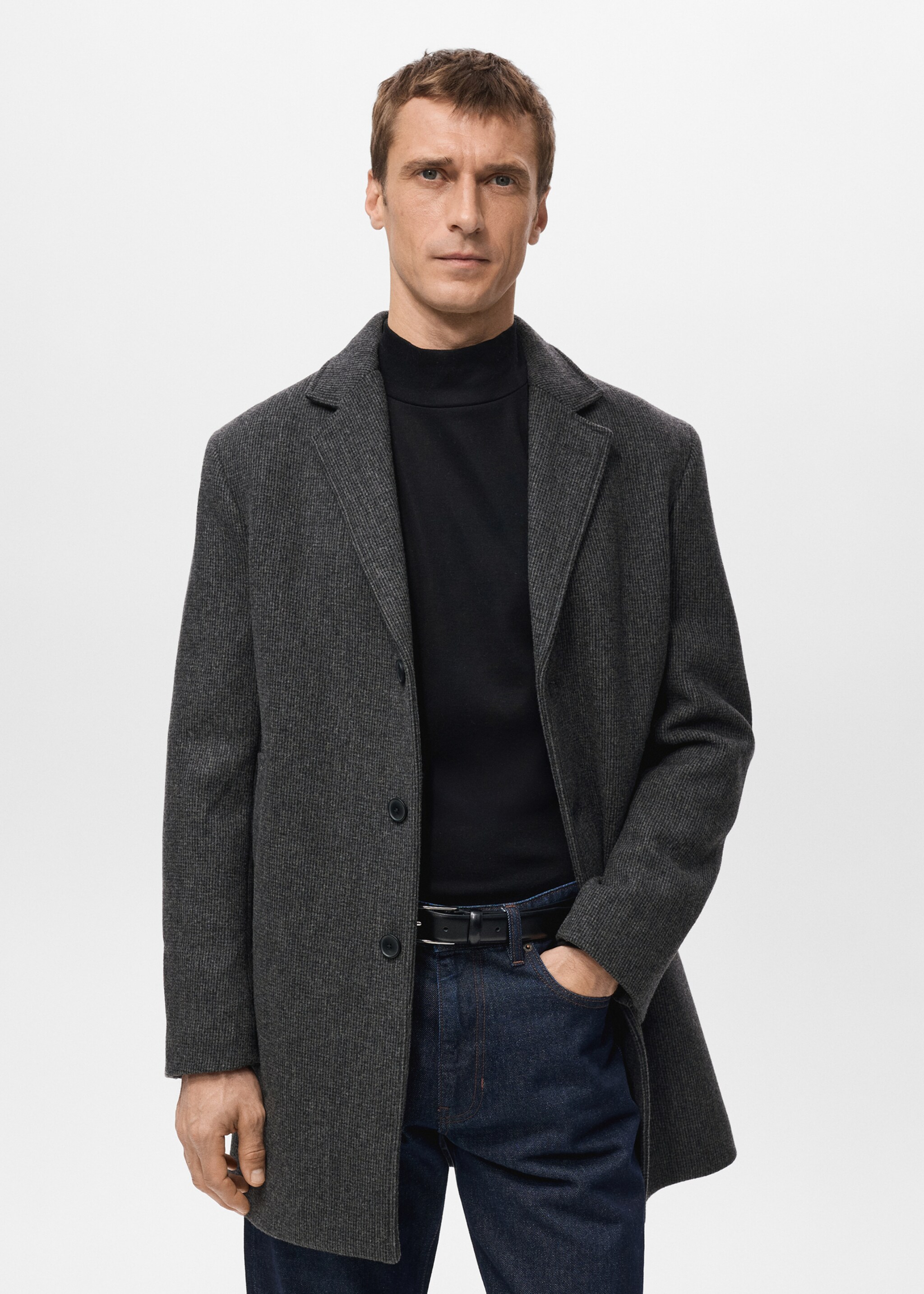 Lightweight recycled wool coat - Medium plane, Dark Heather Grey. Ref: 27041177-00.