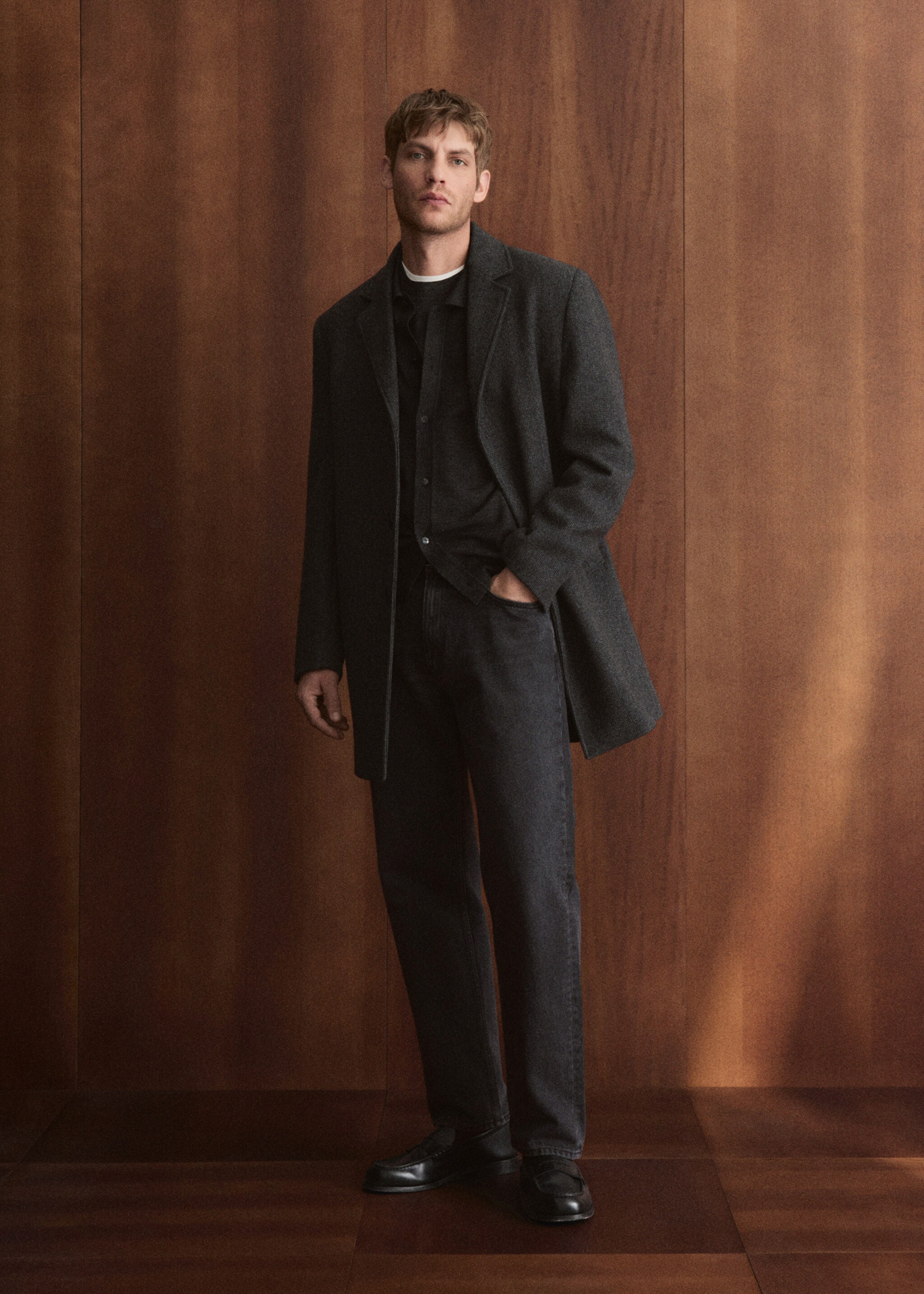 Manteau léger laine recyclée - Détail de l'article 9, Gris chiné foncé. Ref: 27041177-00.