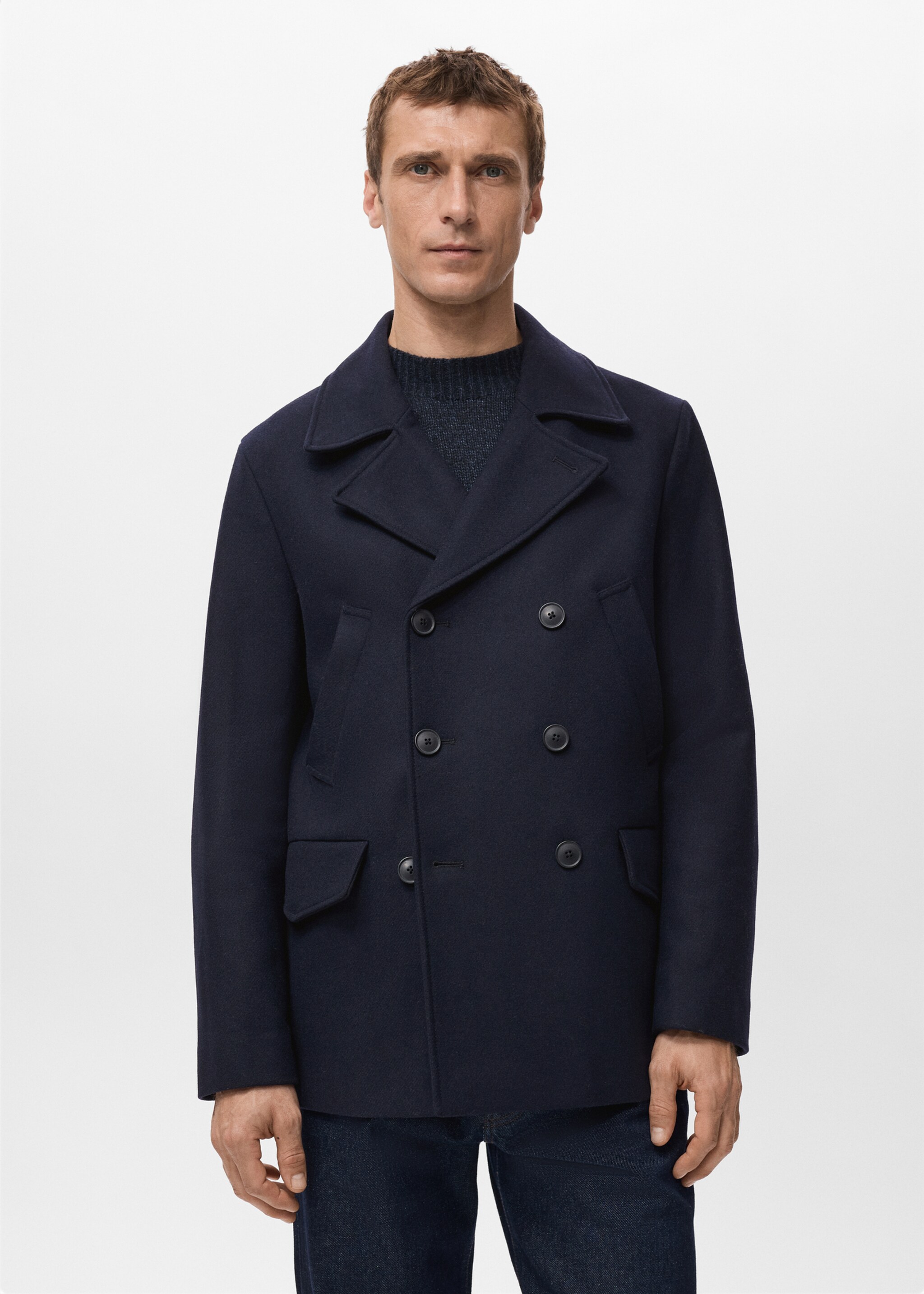 Short Double-Breasted Wool Coat - Medium plane, Navy. Ref: 27041178-00.