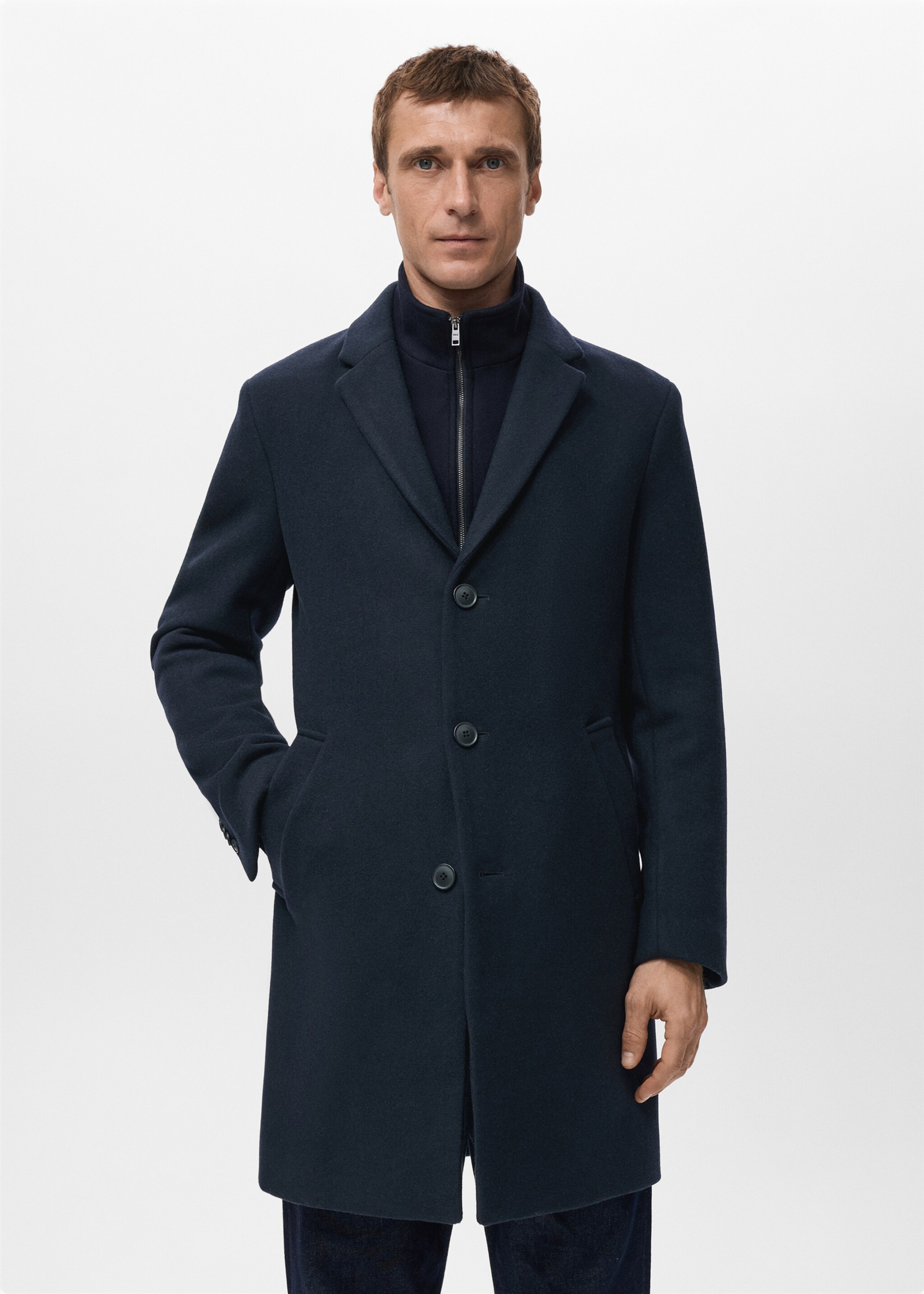 Wool Coat with Detachable Inner Collar - Medium plane, Navy. Ref: 27041179-00.
