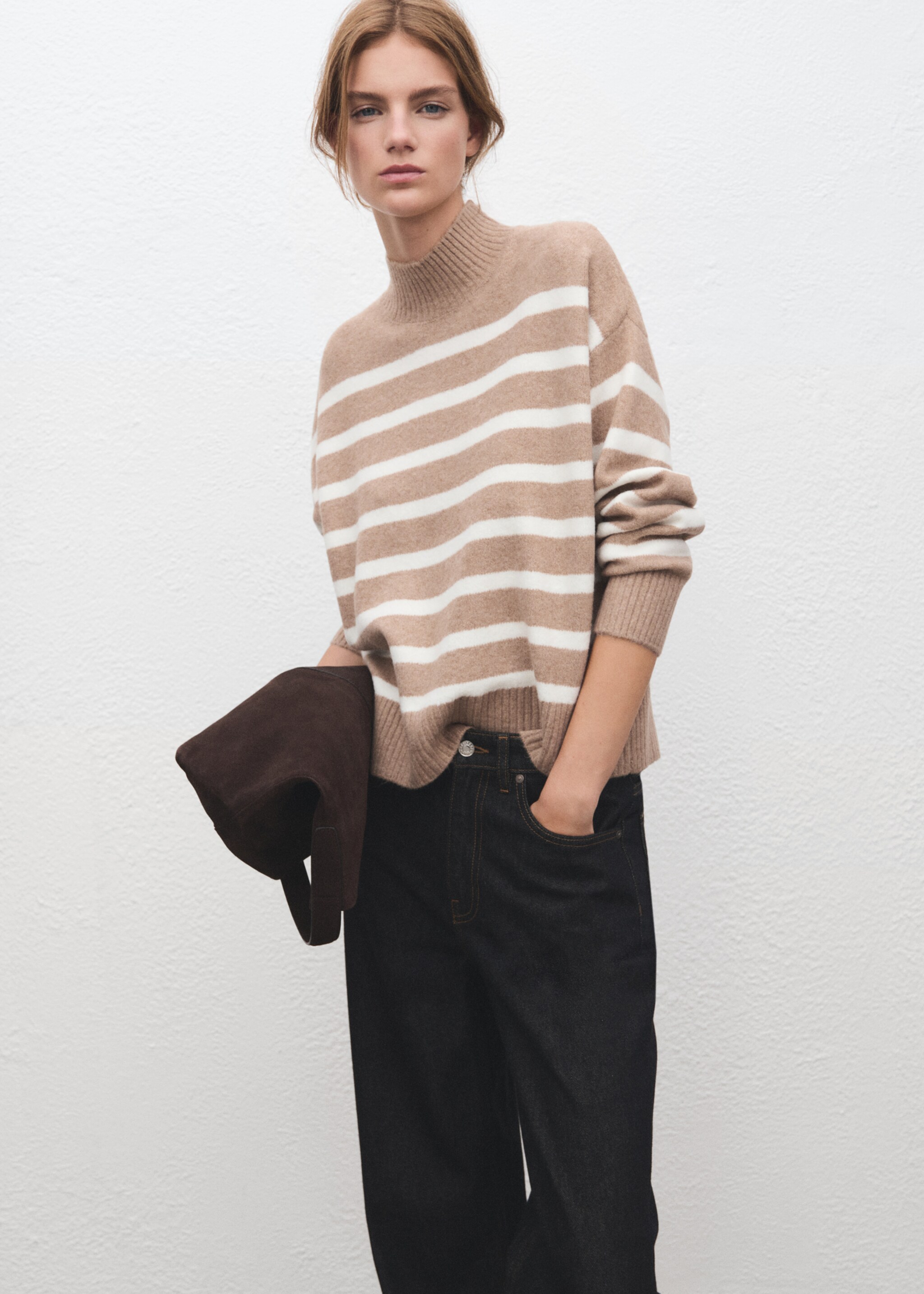 Oversized striped turtleneck sweater - Details of the article 2, Light/Pastel Grey. Ref: 27041217-00.