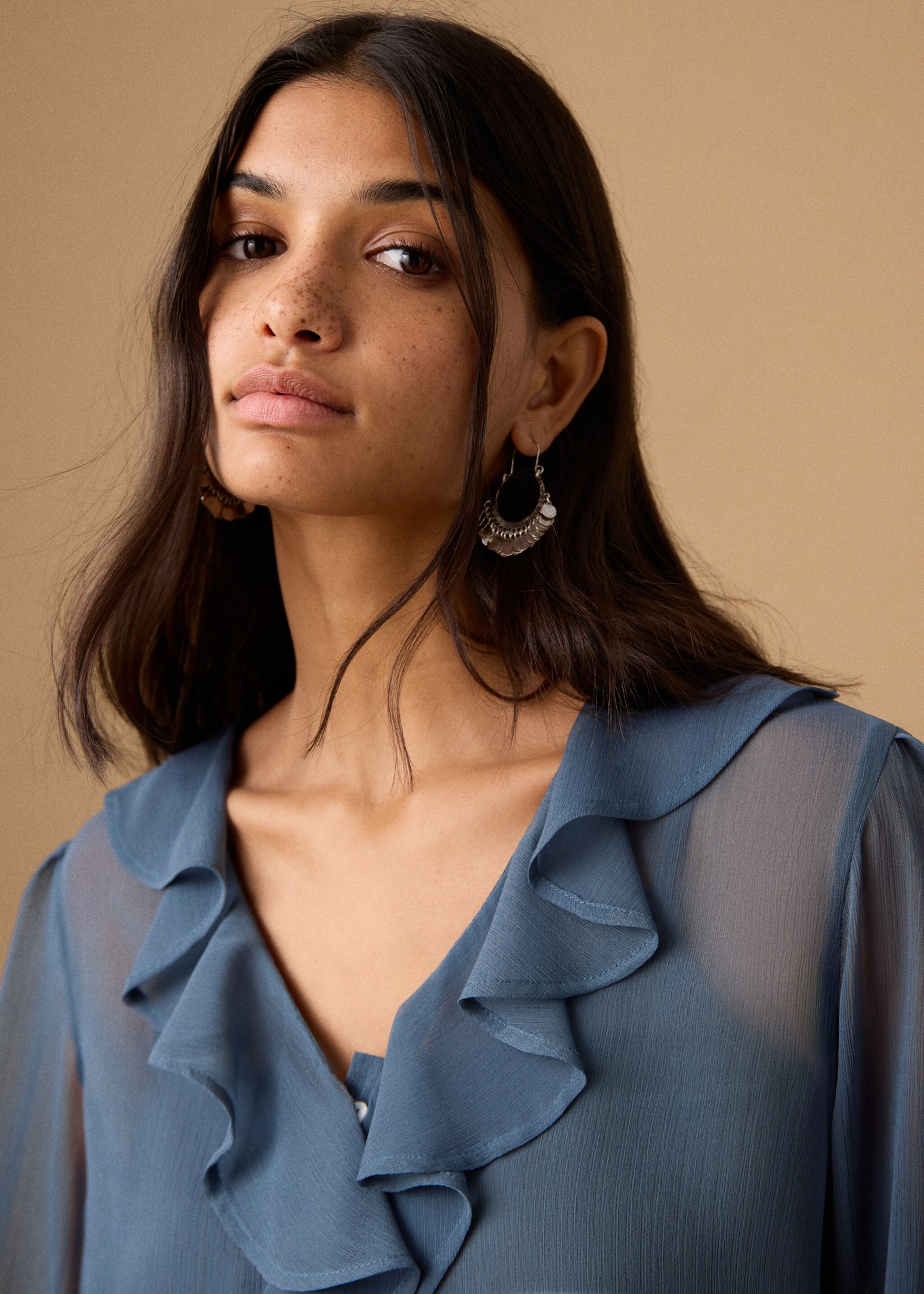 Sheer blouse with ruffles - Details of the article 1, Sky Blue. Ref: 27041222-00.
