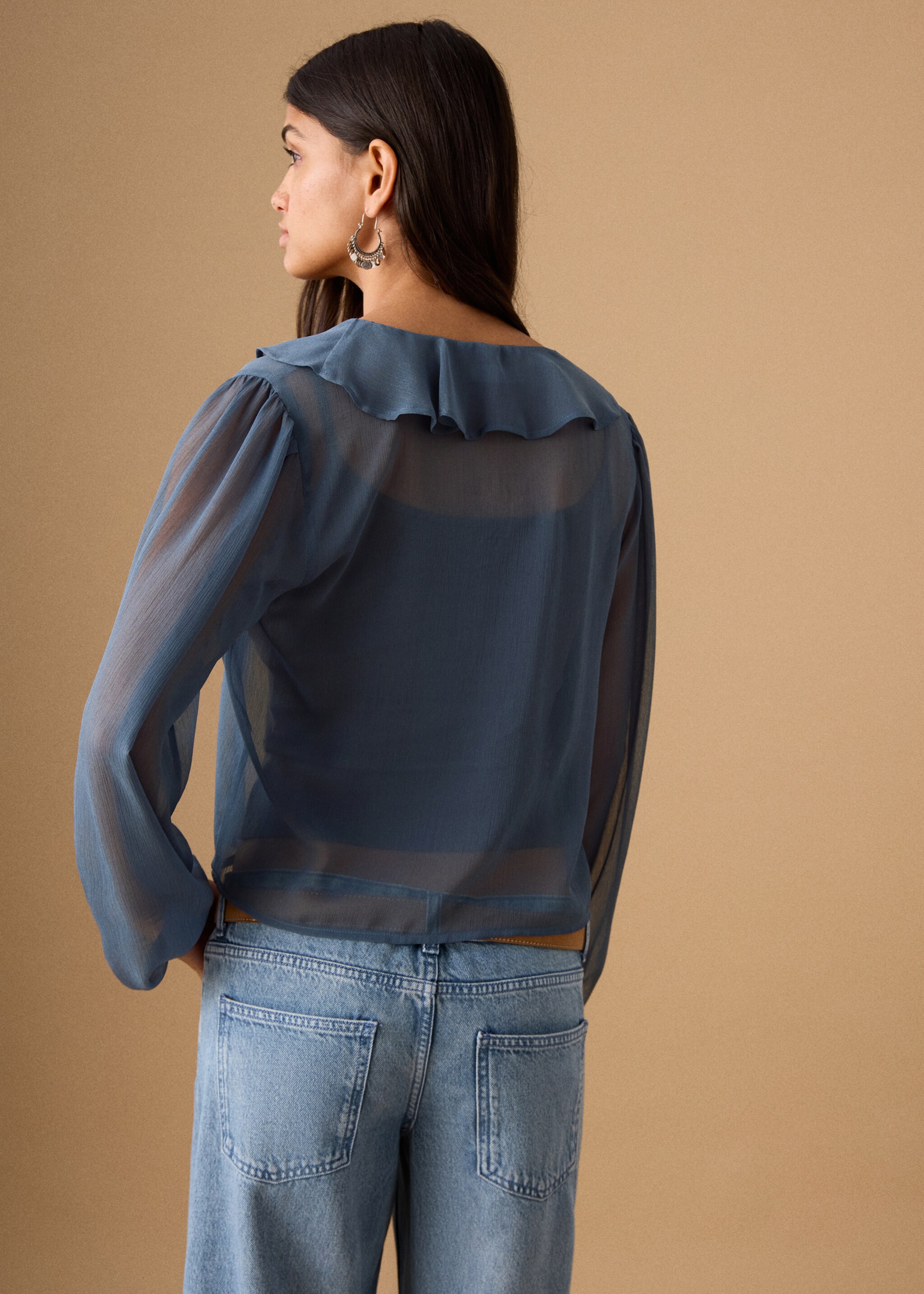 Sheer blouse with ruffles - Reverse of the article, Sky Blue. Ref: 27041222-00.