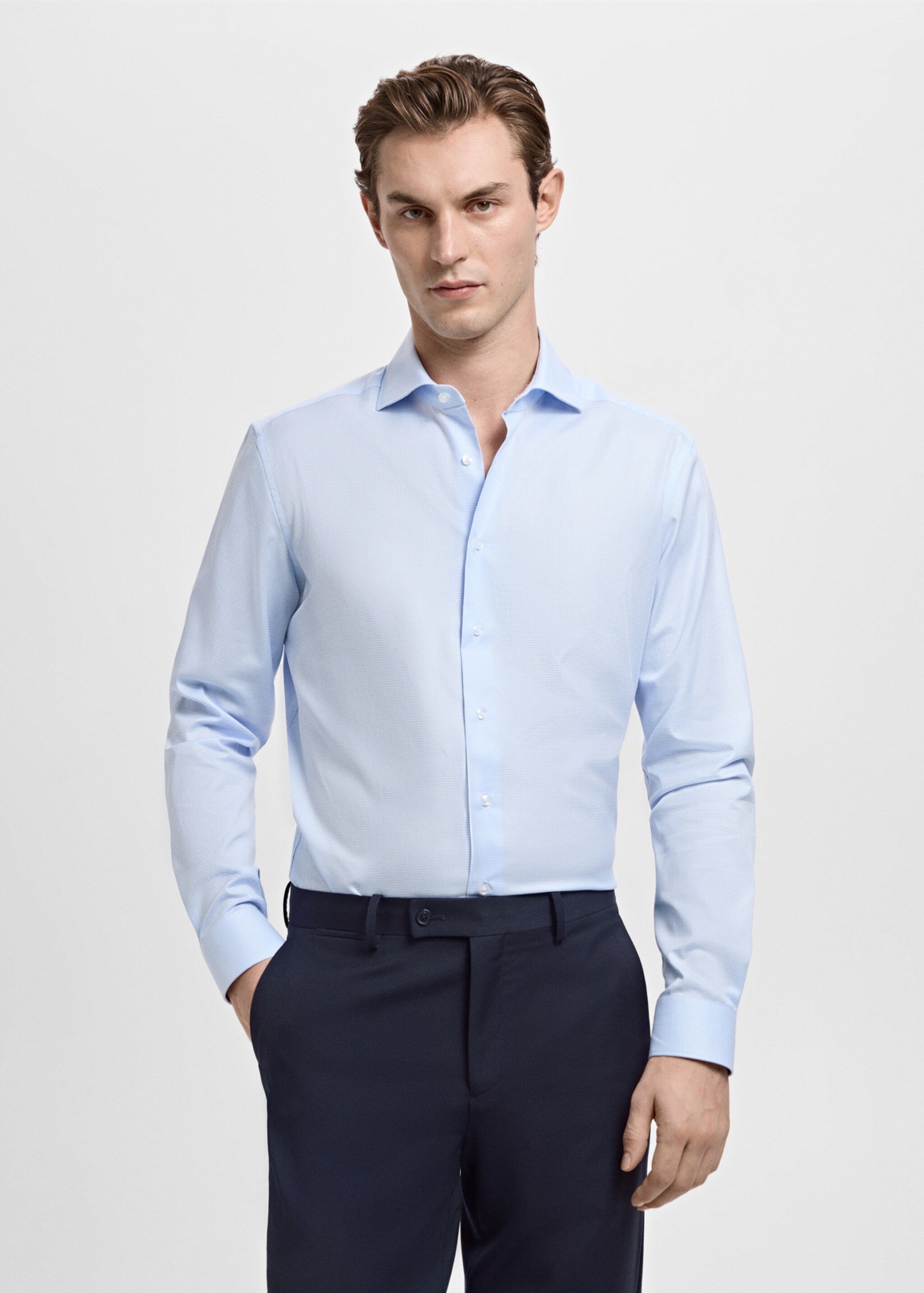 Slim-fit micro-print twill suit shirt - Medium plane, Sky Blue. Ref: 27041255-00.