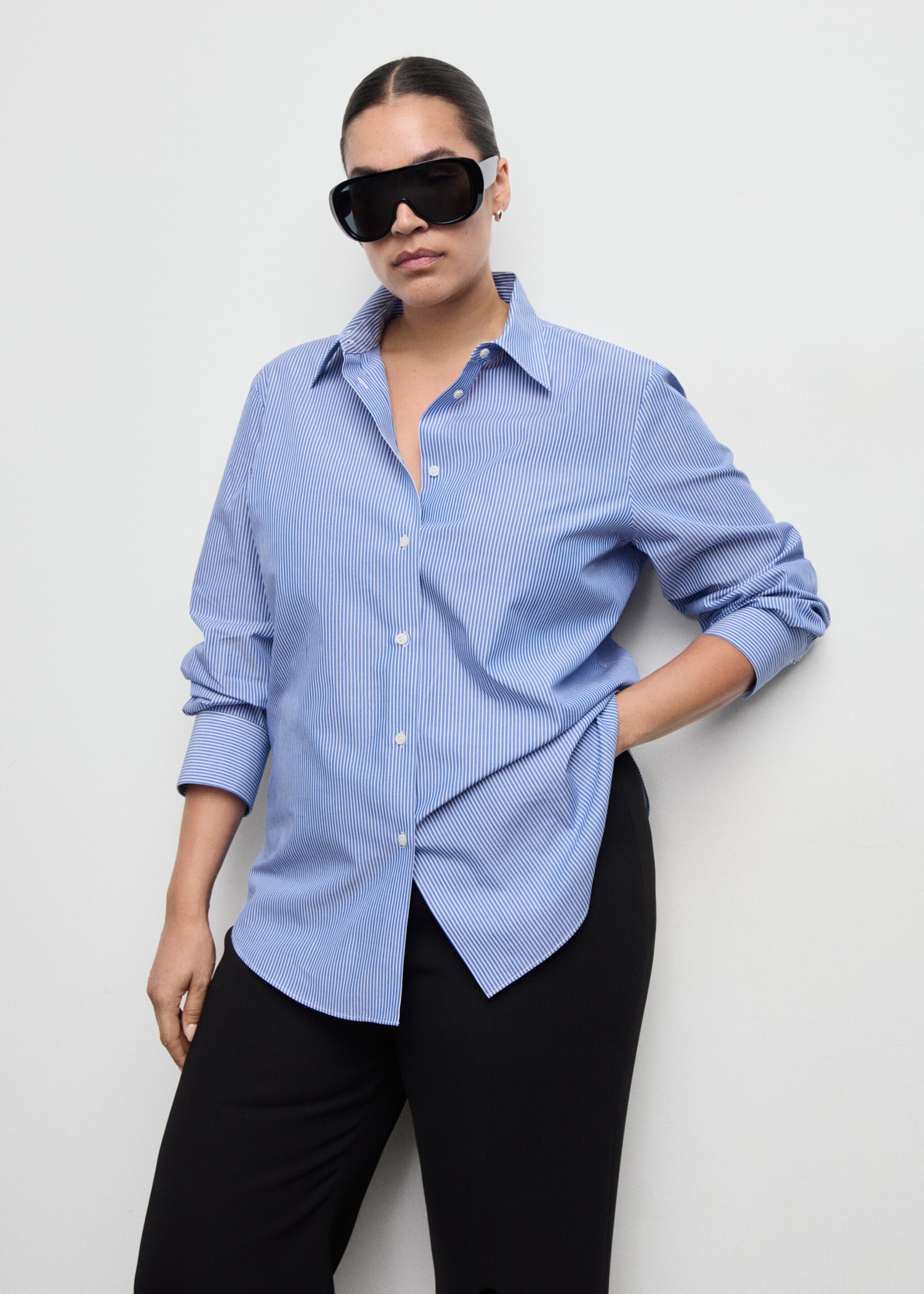 Cotton and lyocell blend straight shirt - Details of the article 5, Sky Blue. Ref: 27041275-00.