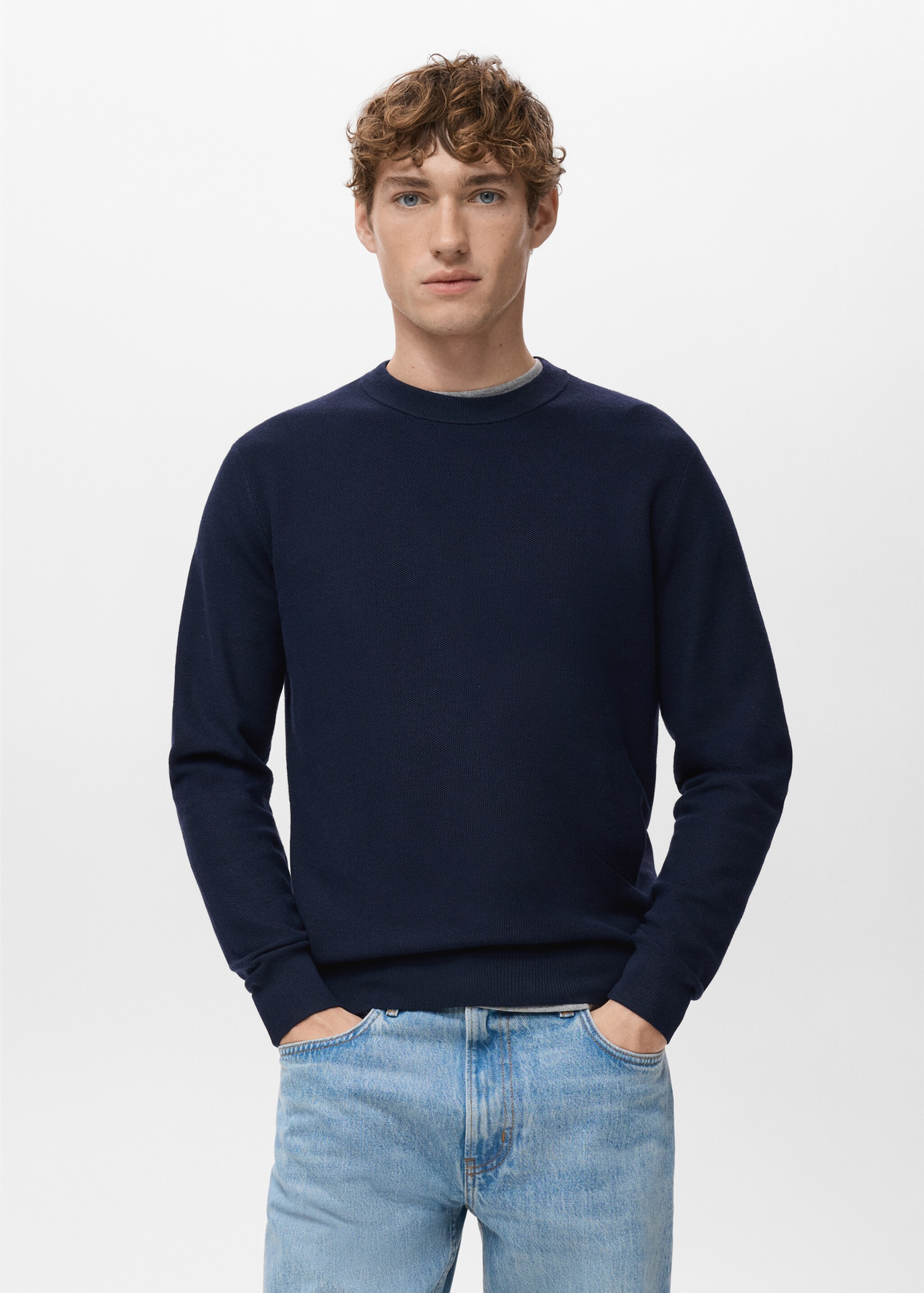 Microstructured cotton knitted sweater - Medium plane, Navy. Ref: 27041281-00.
