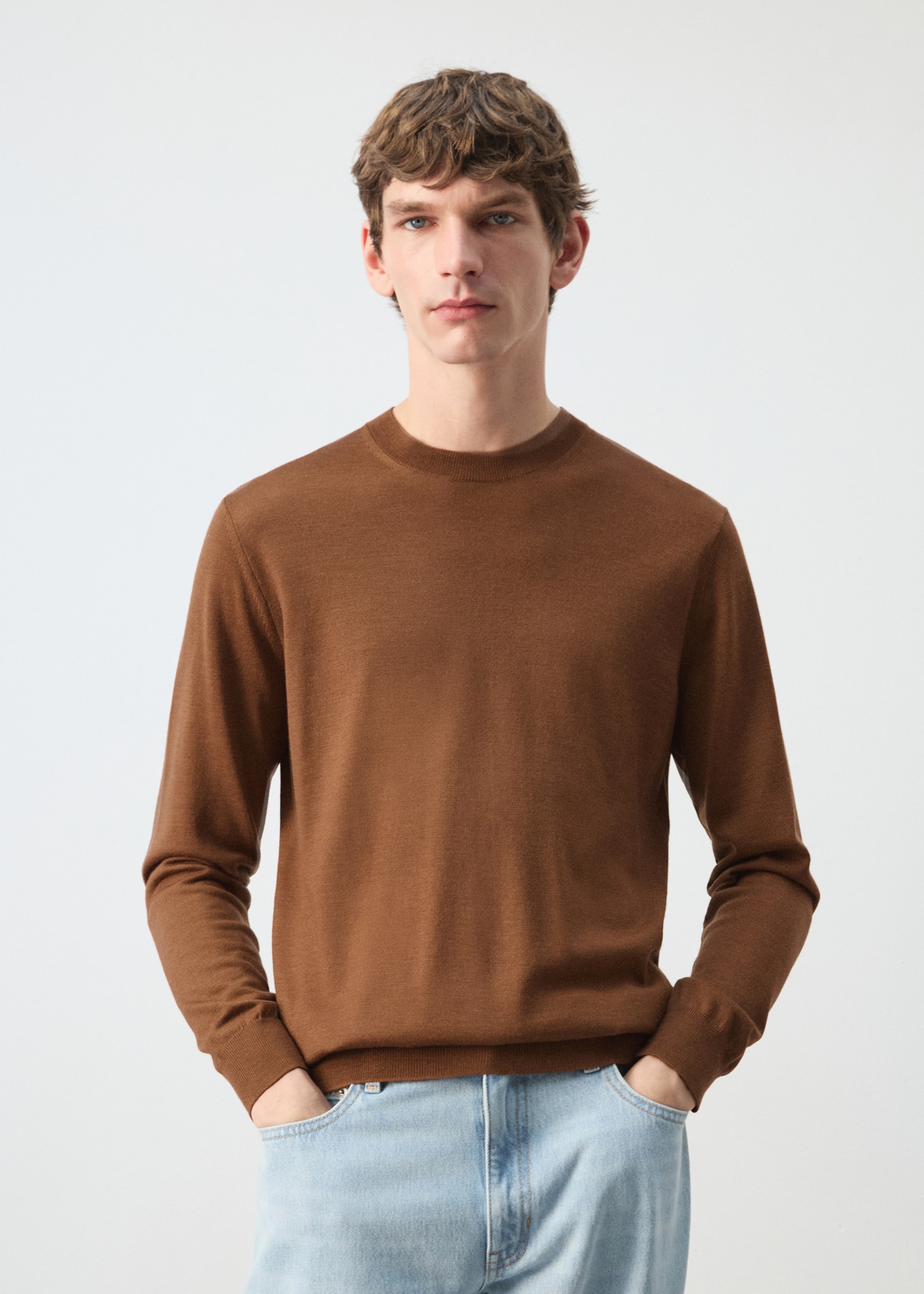 100% wool fine-knit sweater - Medium plane, Caramel. Ref: 27041284-00.