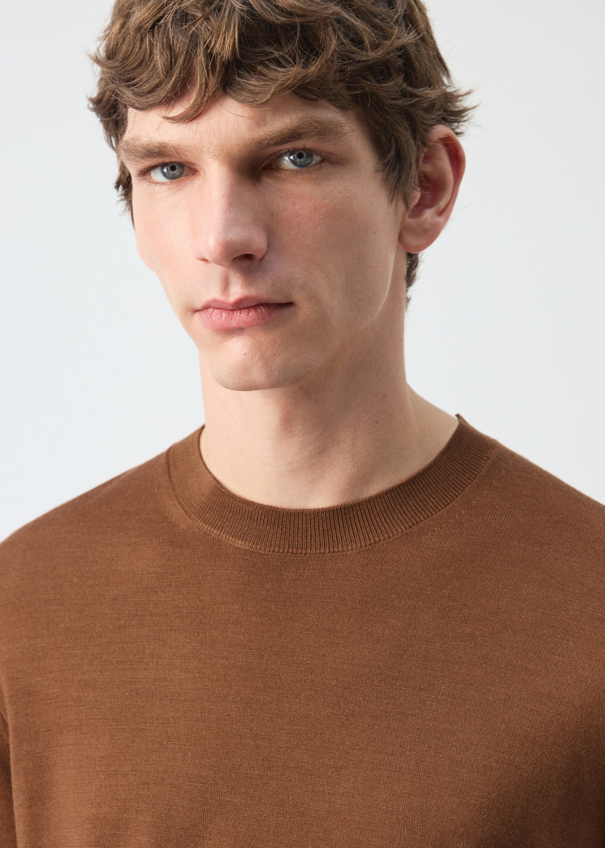 100% wool fine-knit sweater - Details of the article 1, Caramel. Ref: 27041284-00.