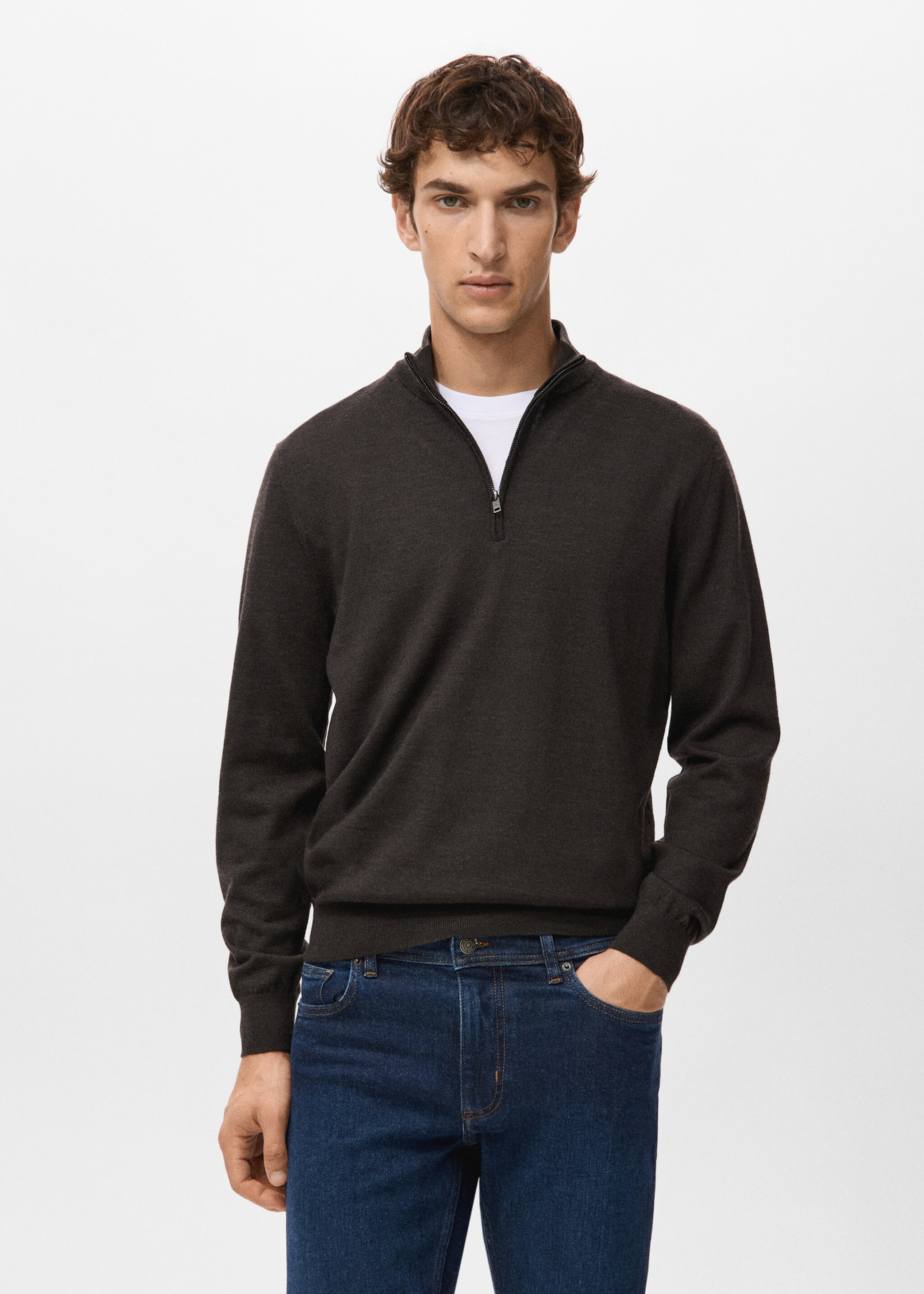 100% merino wool sweater with perkins collar - Medium plane, Chocolate. Ref: 27041285-00.