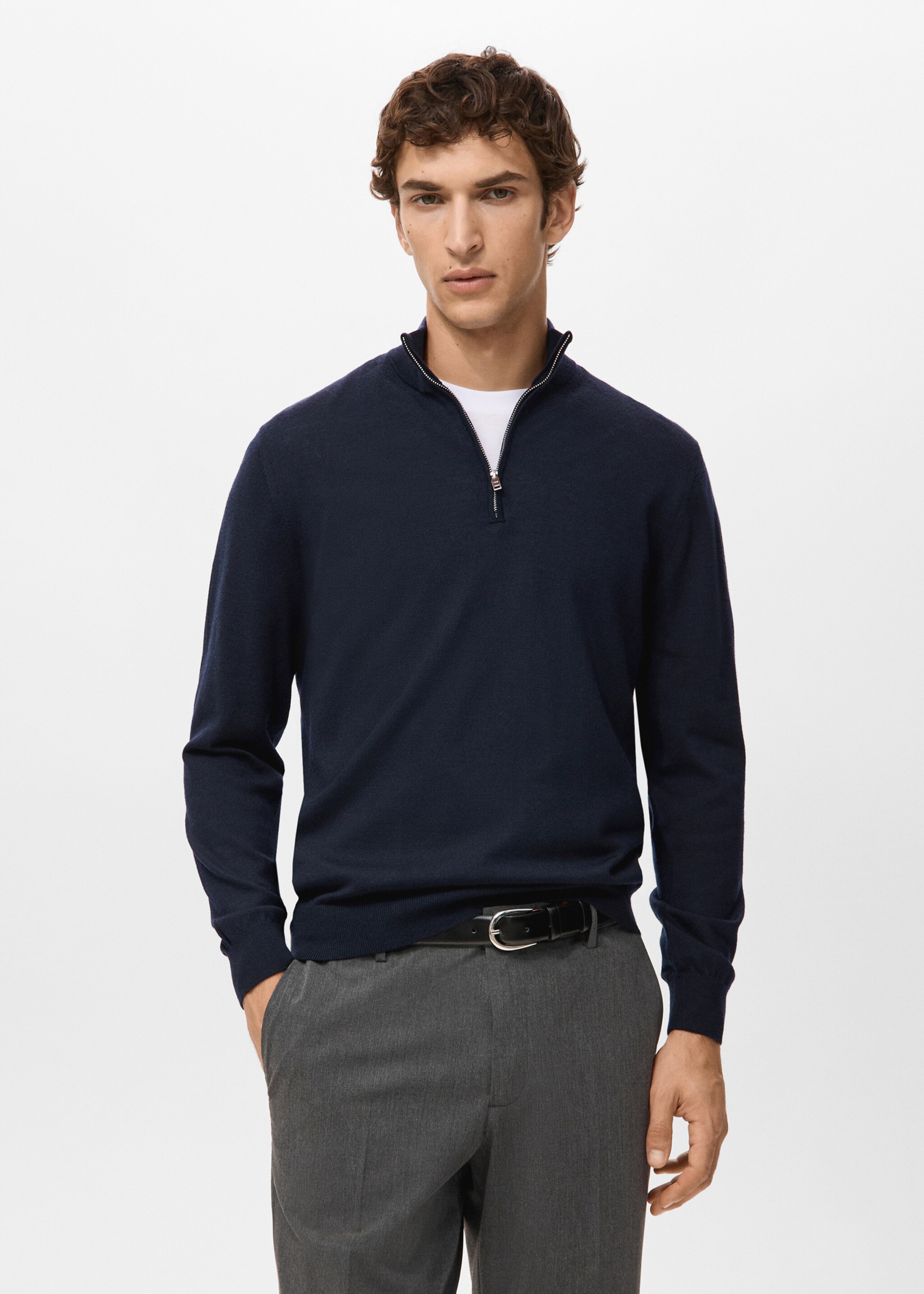 100% merino wool sweater with perkins collar - Medium plane, Navy. Ref: 27041285-00.