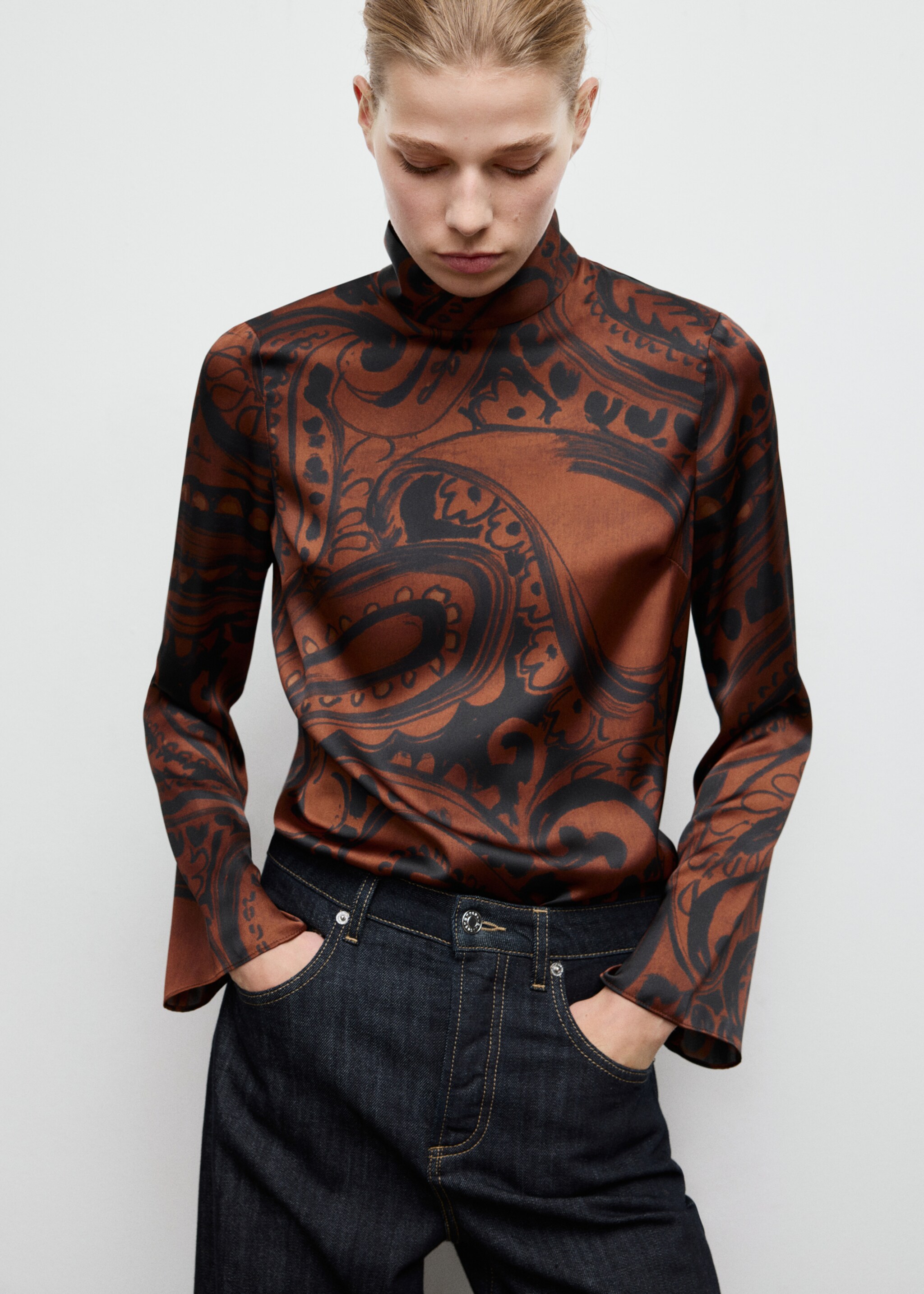 Paisley-print satin blouse - Medium plane, Burnt Orange. Ref: 27041318-00.