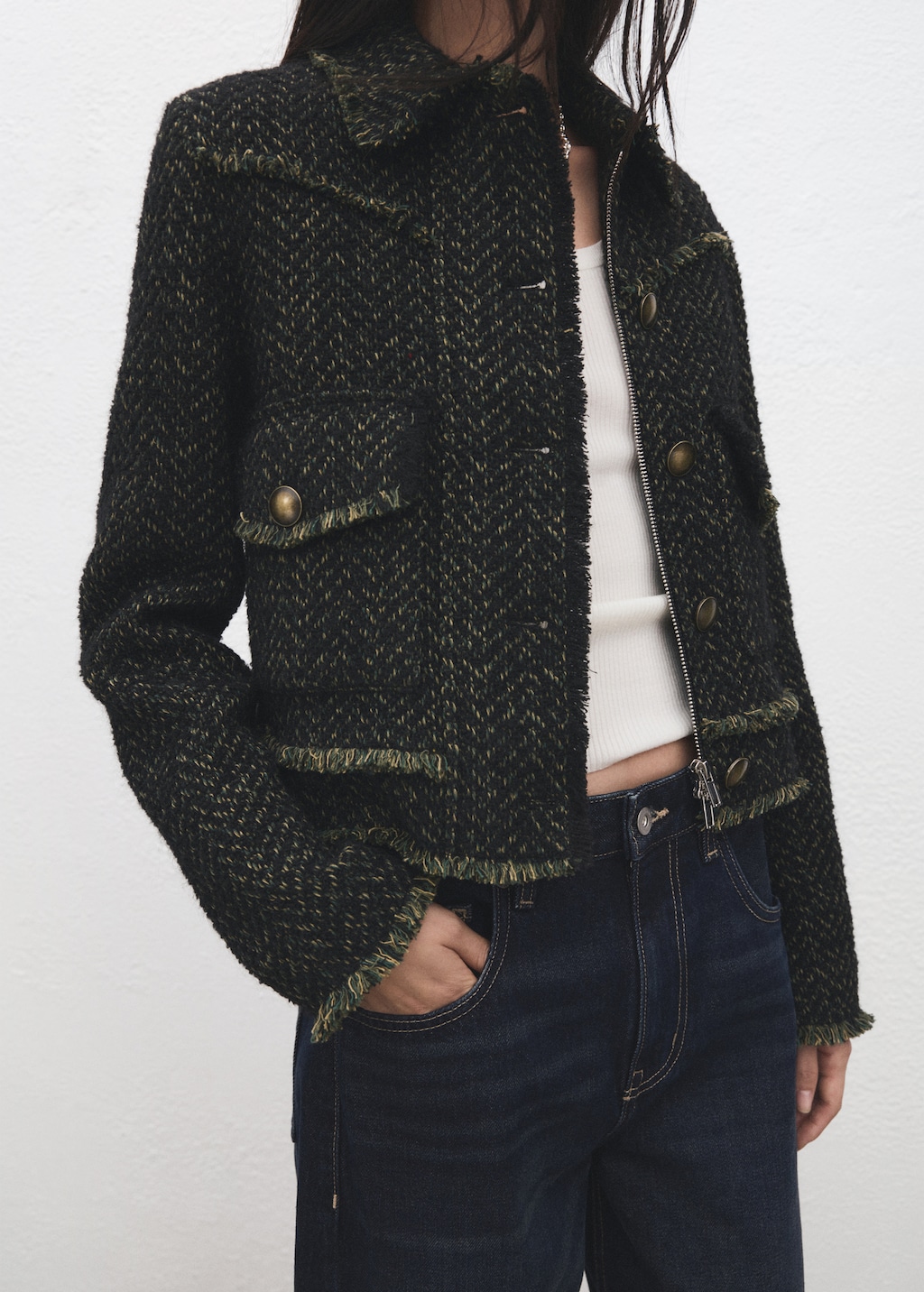 Tweed jacket with notched lapel collar