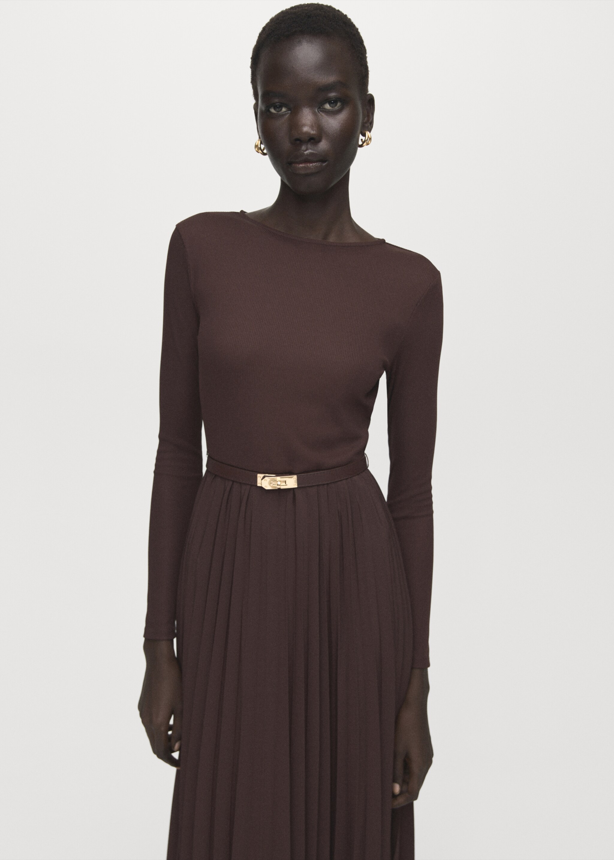 Flared midi-dress with belt - Medium plane, Chocolate. Ref: 27041334-00.