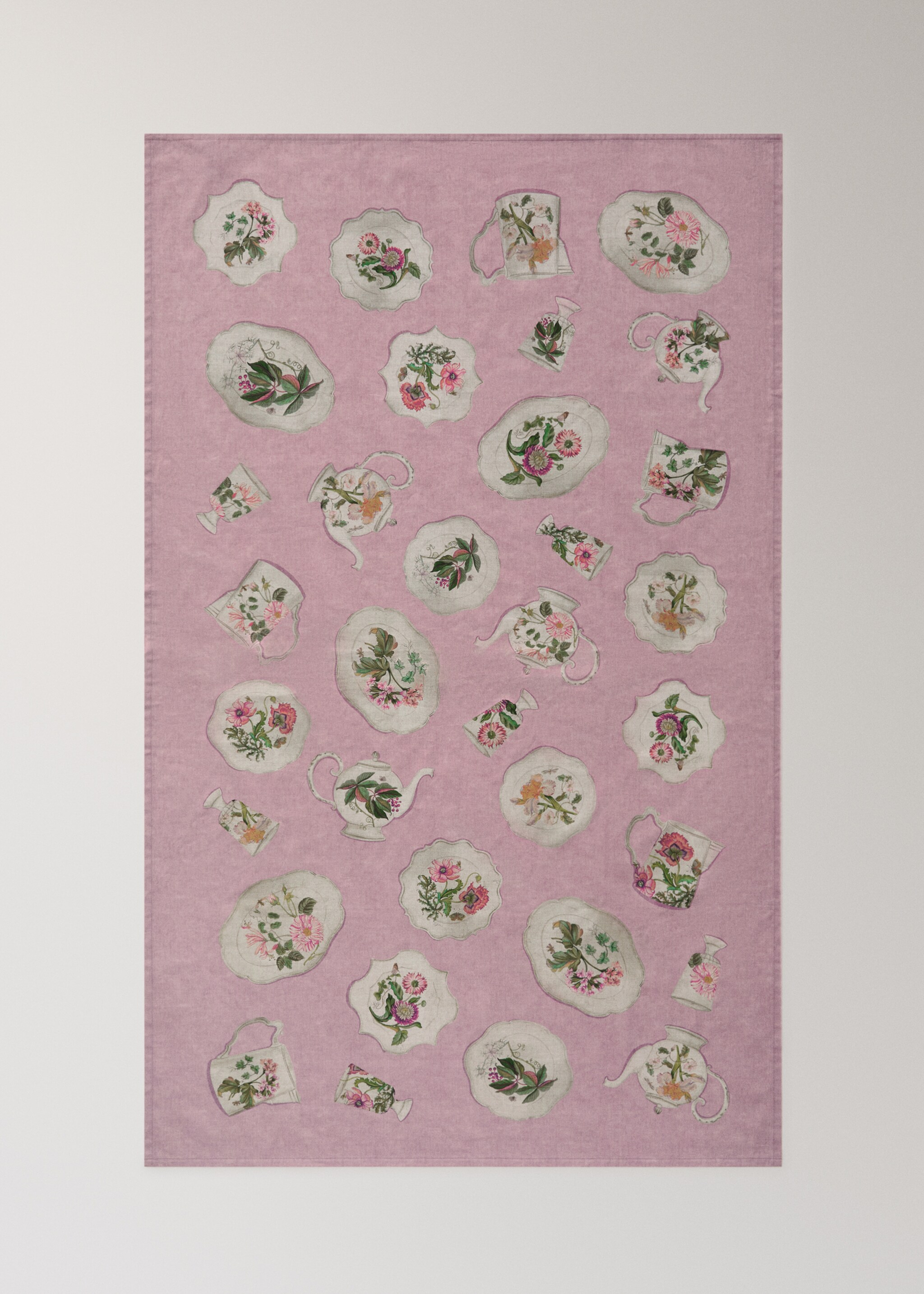Cotton tablecloth with vintage porcelain elements for 6 to 8 guests - Details of the article 4, Pink. Ref: 27041517-00.
