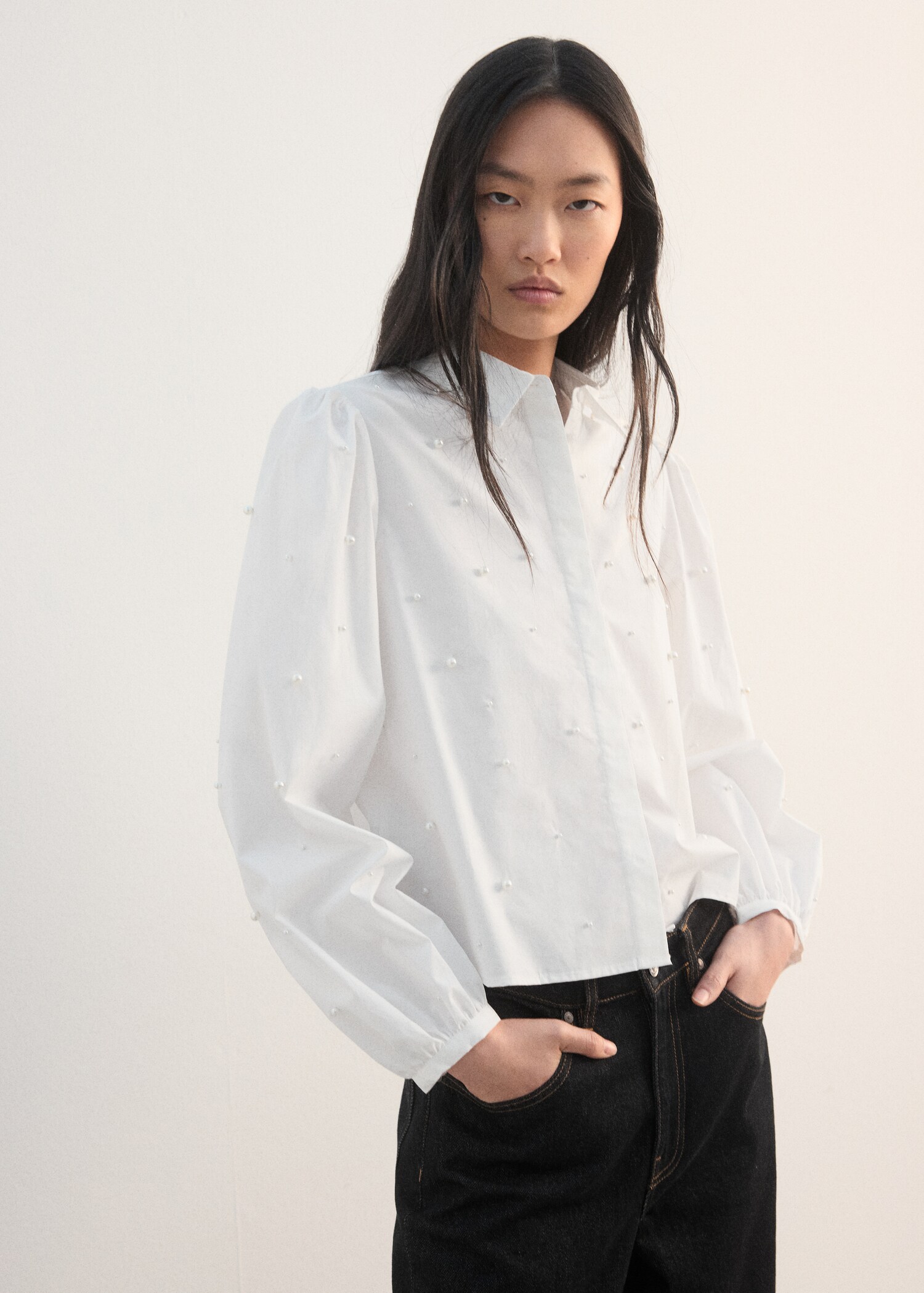 珍珠泡泡袖衬衫 - null