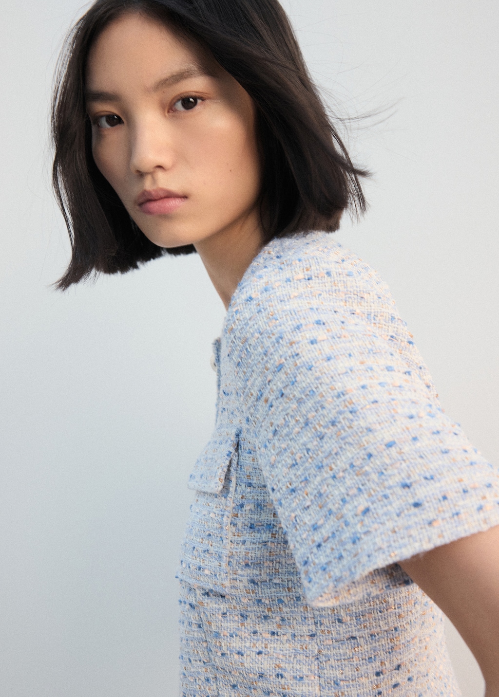 Short-sleeve tweed crop top