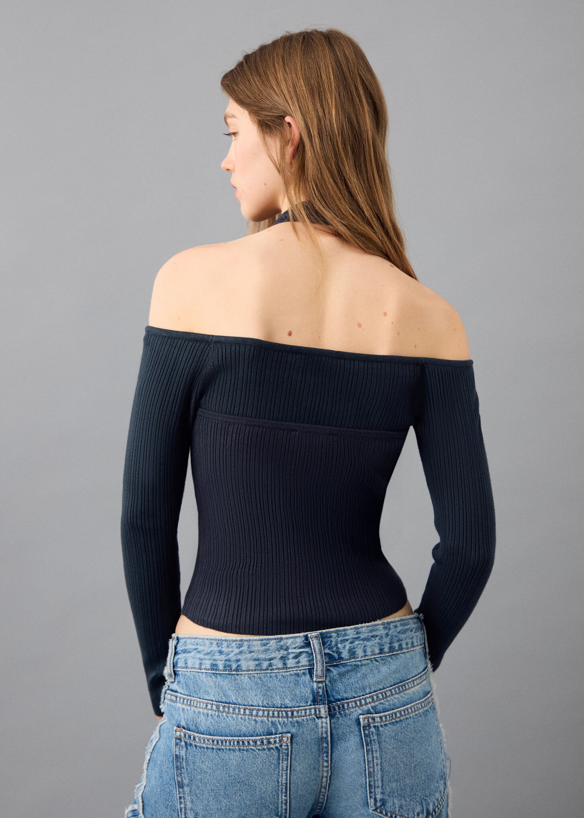 Long-sleeved halter-neck top - Reverse of the article, Navy. Ref: 27042553-00.