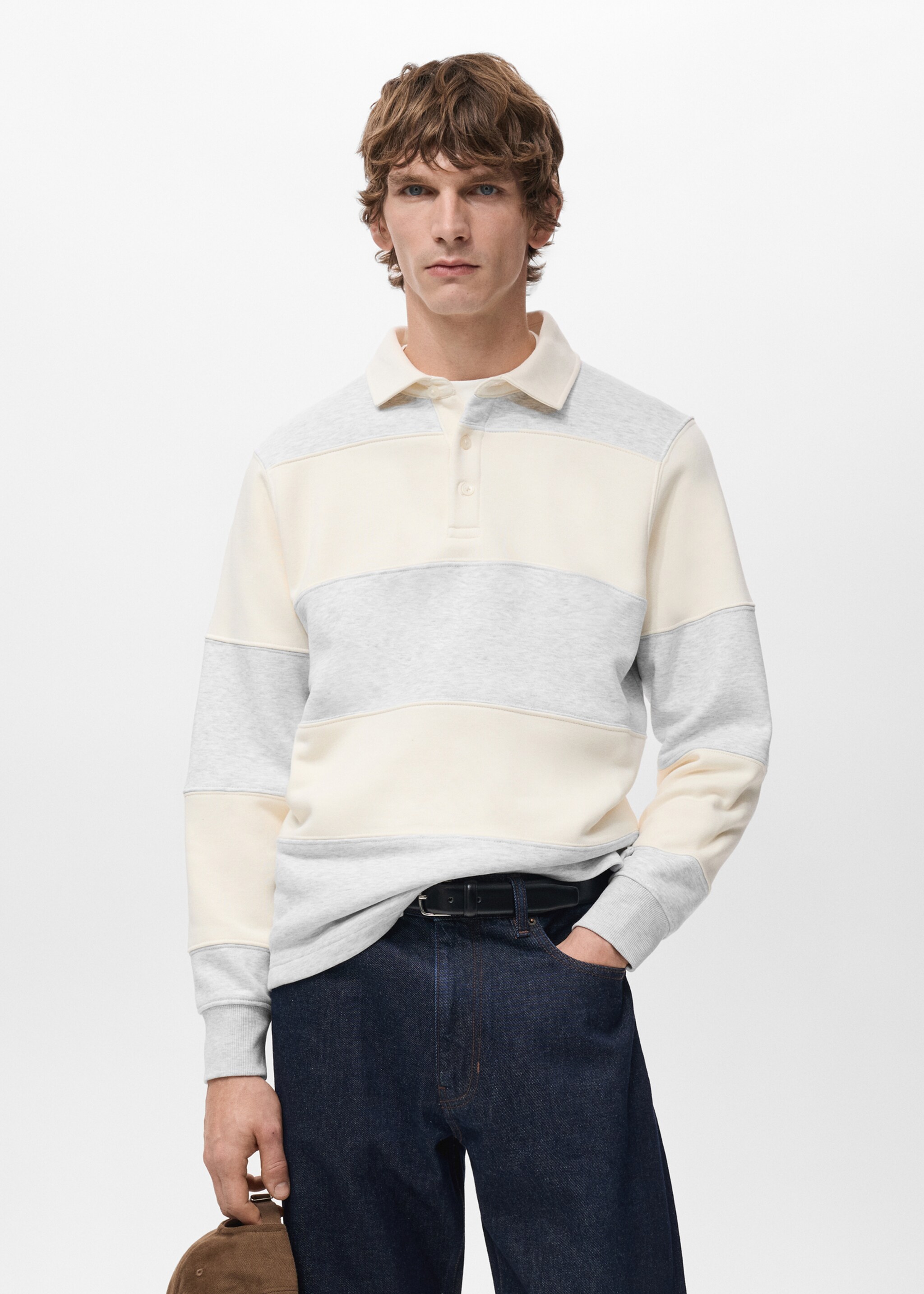 Sweatshirt de estilo polo às riscas - Plano médio, Cinzento-mesclado claro. Ref: 27042889-00.