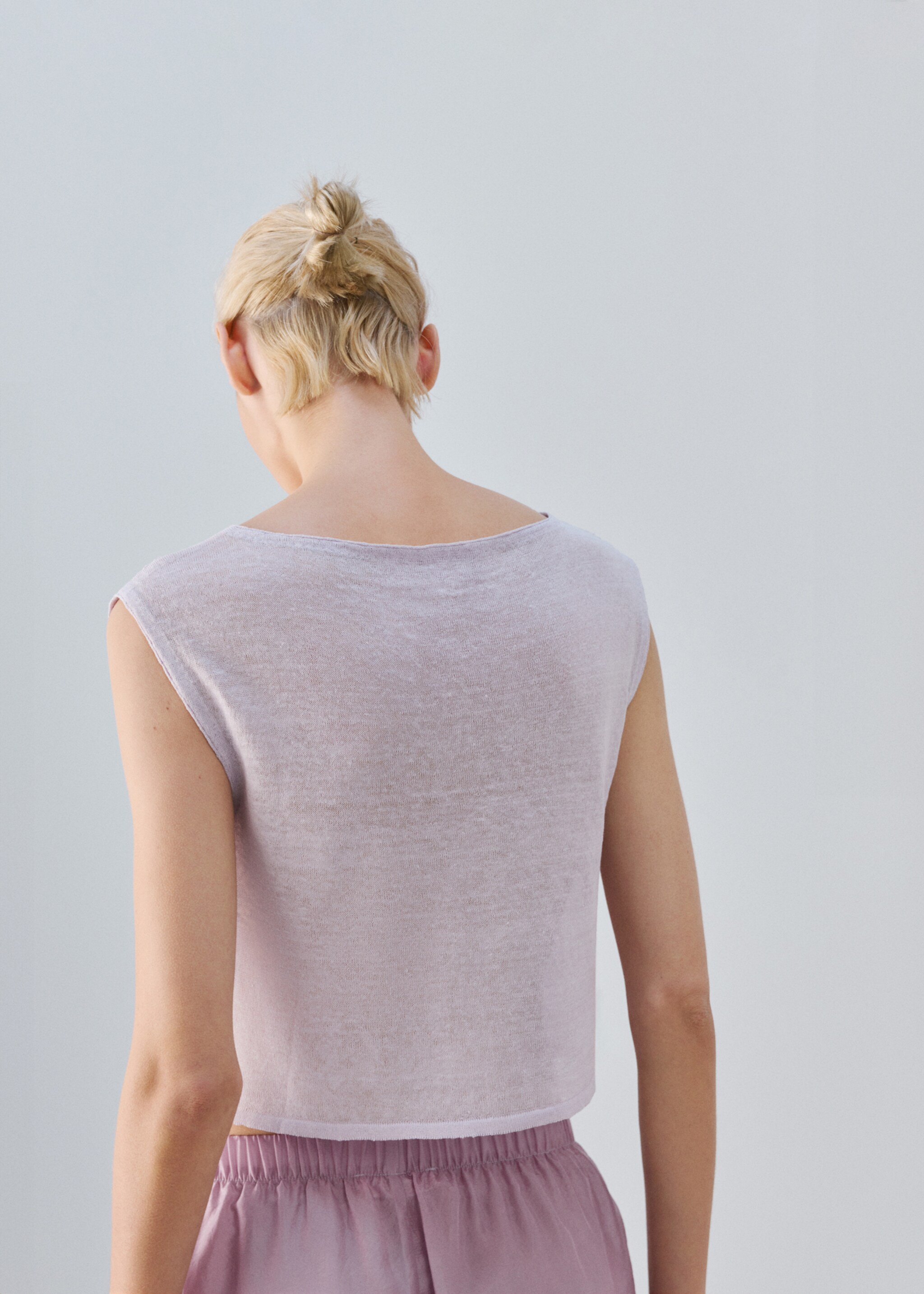 Fine knit short-sleeve cardigan - Reverse of the article, Lilac. Ref: 27043315-00.