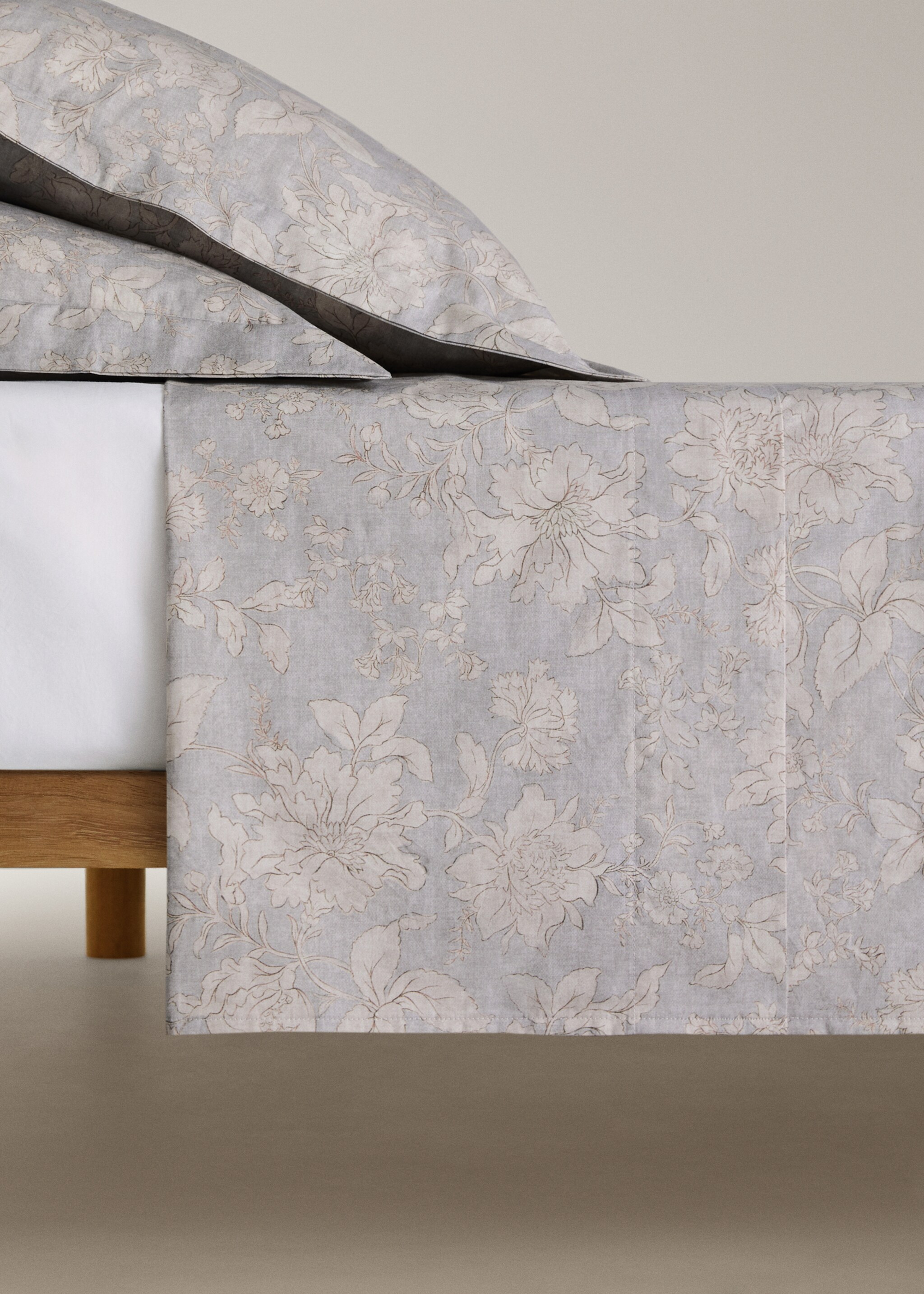 Vintage floral percale cotton flat sheet for 135/140-cm bed - Article without model, Light/Pastel Grey. Ref: 27043324-00.
