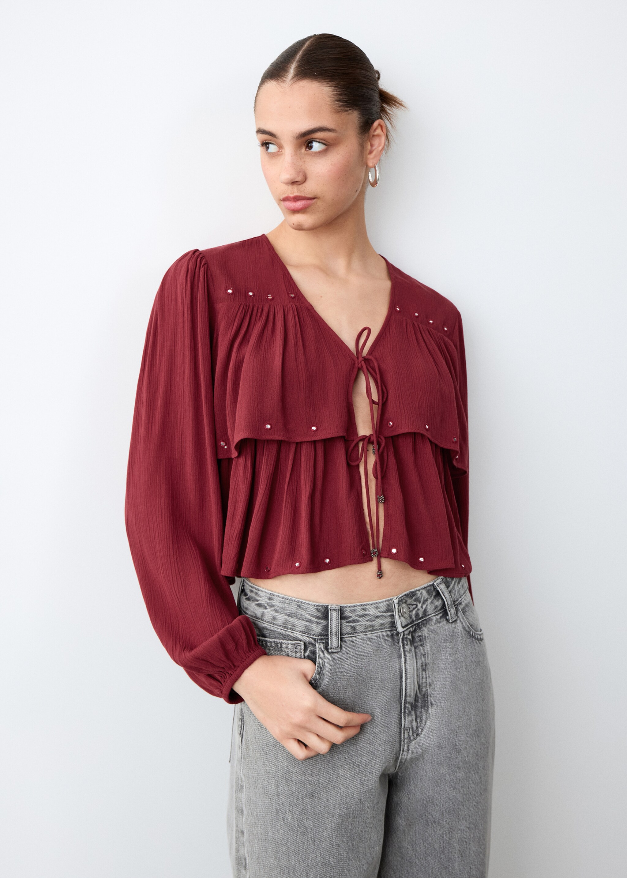 Блуза з рюшами - Середній план, Червоний. Ref: 27043736-00.