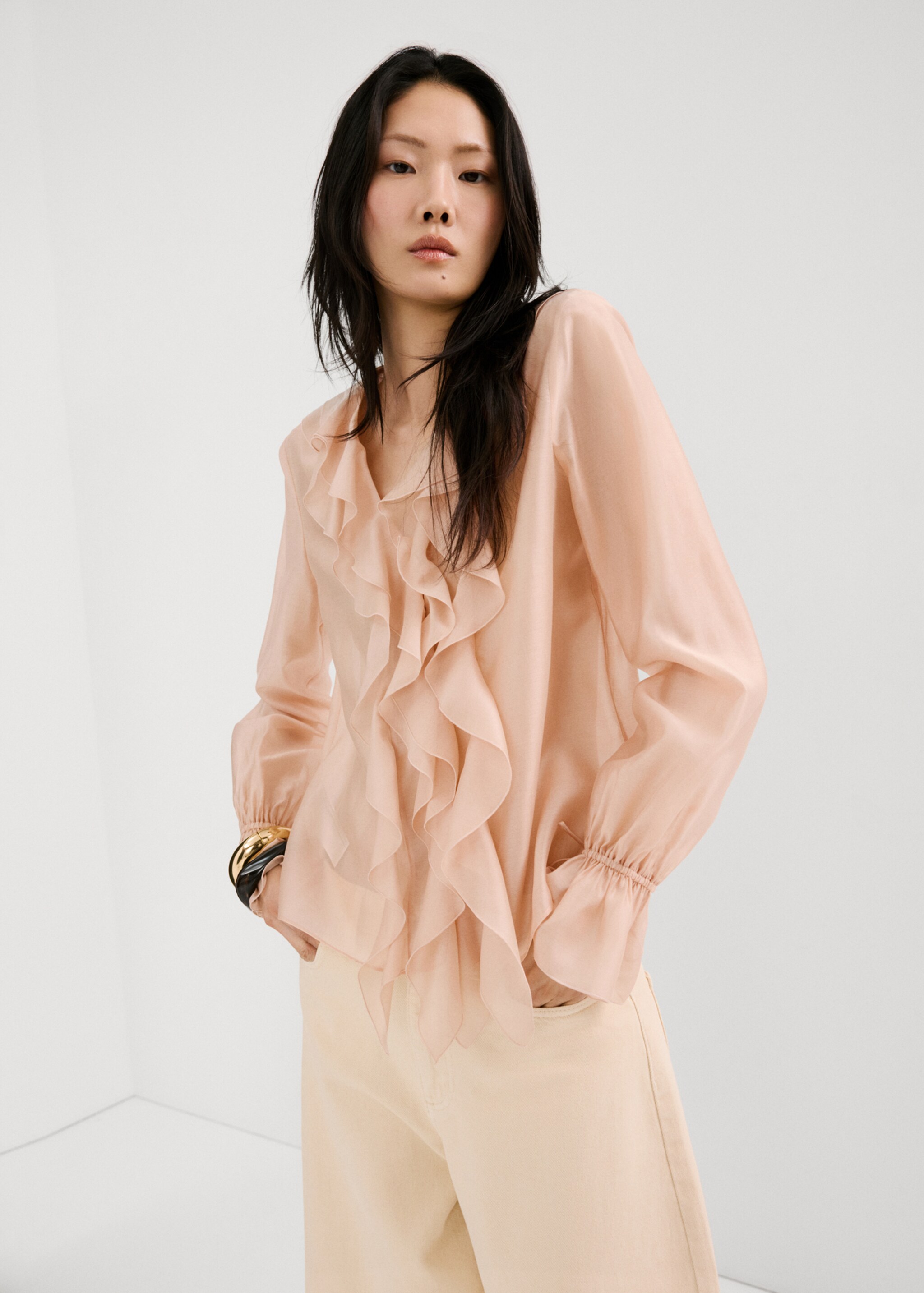 Ruffled lyocell blouse - Medium plane, Pastel Pink. Ref: 27044083-00.
