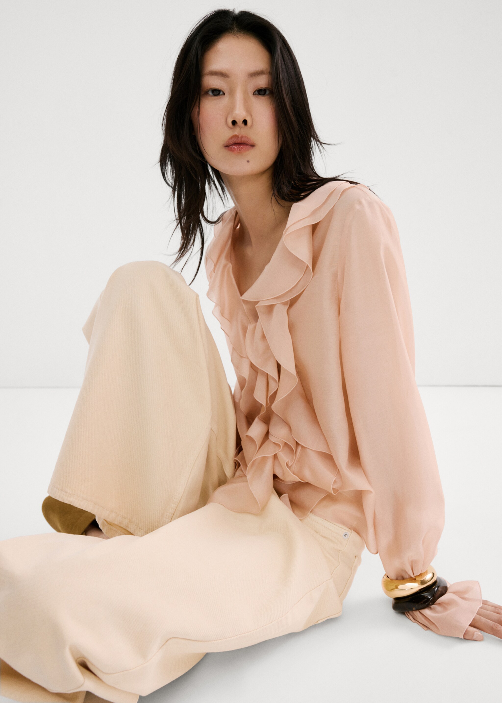 Ruffled lyocell blouse - Details of the article 2, Pastel Pink. Ref: 27044083-00.