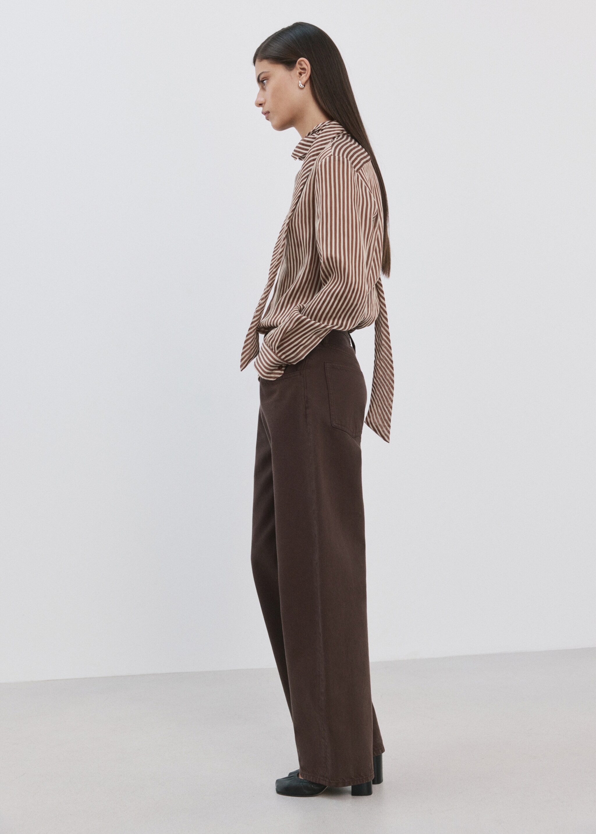 Striped blouse with bow tie neck - Details of the article 1, Brown. Ref: 27044093-00.