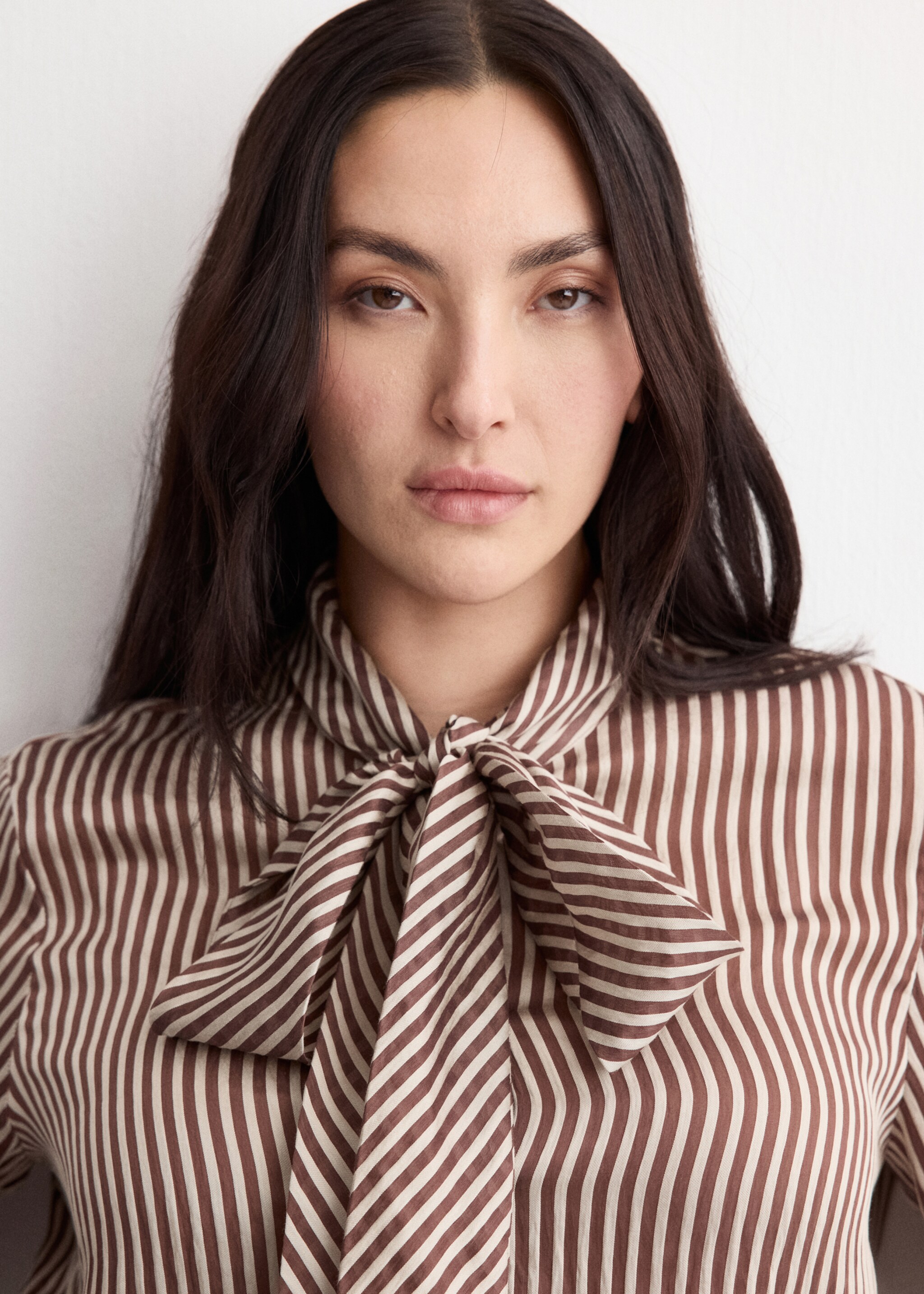Striped blouse with bow tie neck - Details of the article 4, Brown. Ref: 27044093-00.
