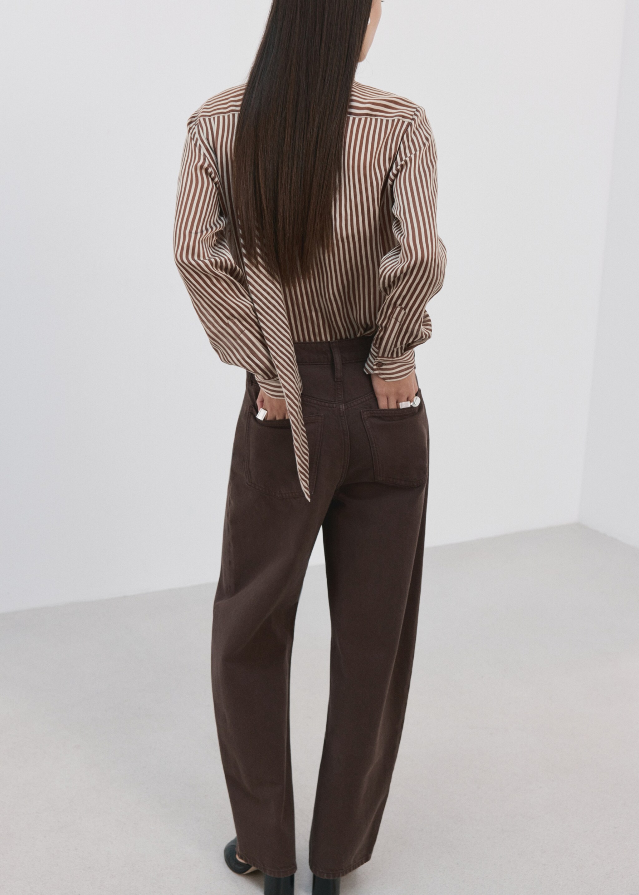 Striped blouse with bow tie neck - Reverse of the article, Brown. Ref: 27044093-00.