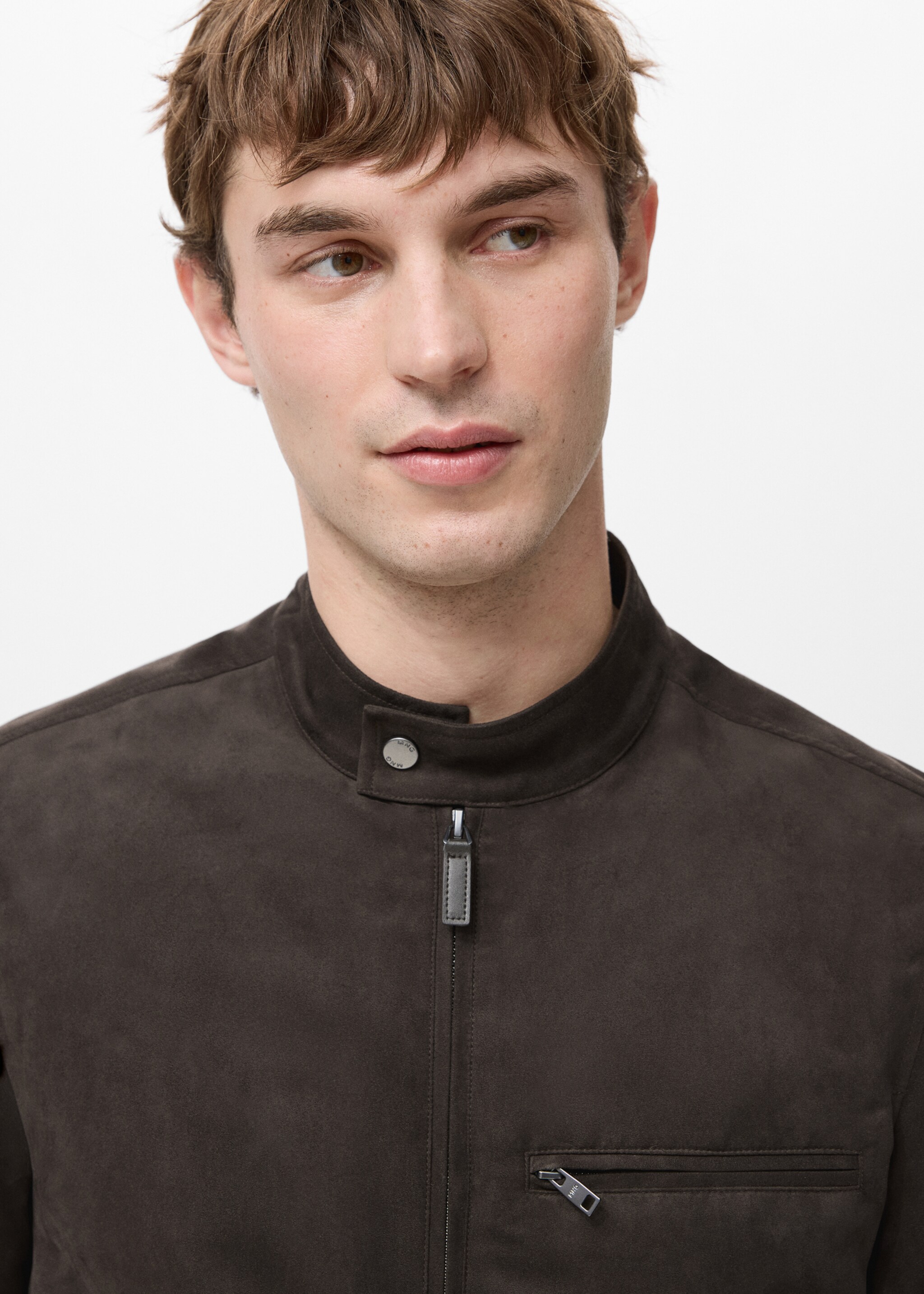 Suede-effect biker jacket - Details of the article 1, Brown. Ref: 27044405-00.