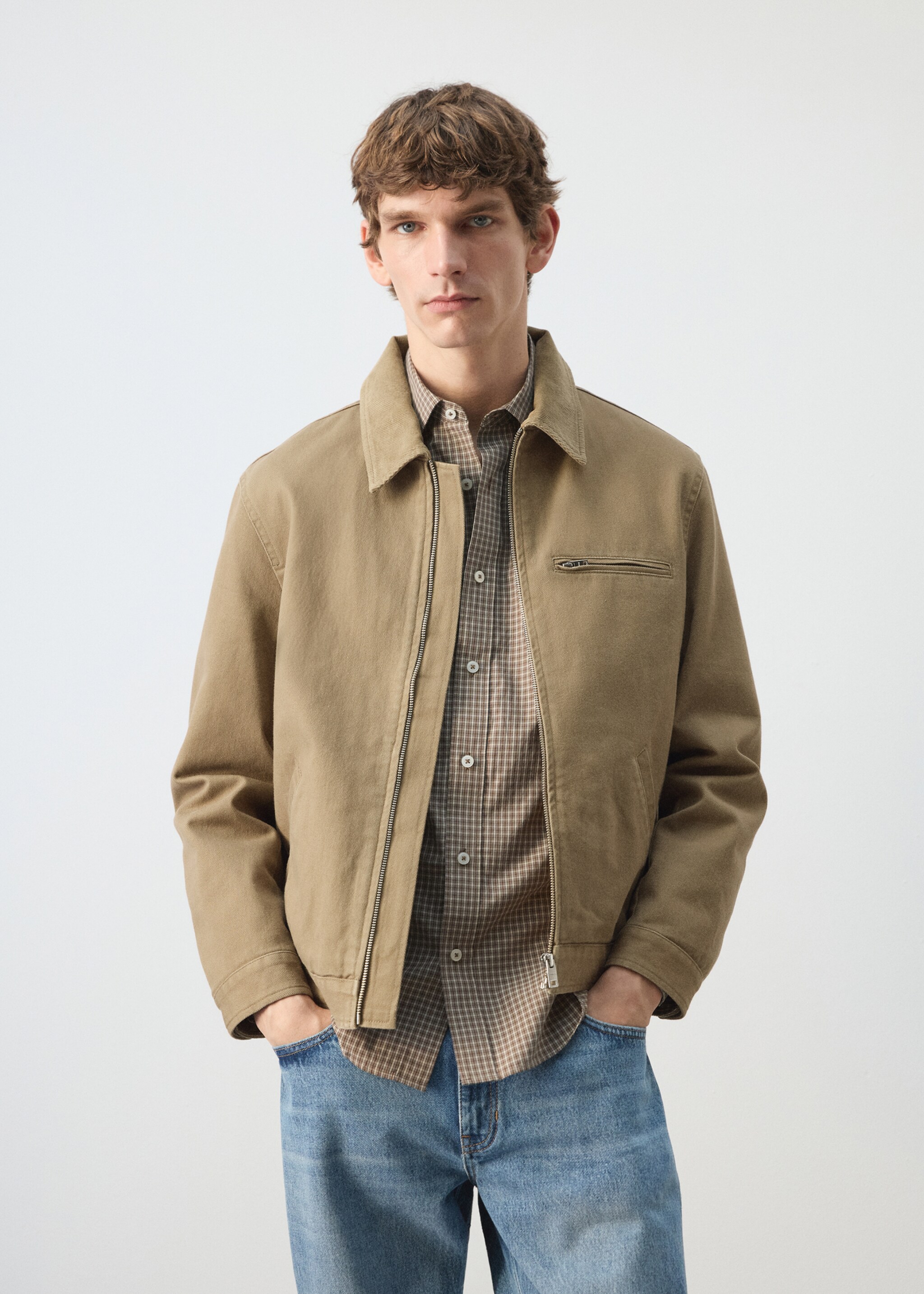Corduroy collar denim jacket - Medium plane, Beige. Ref: 27044427-00.