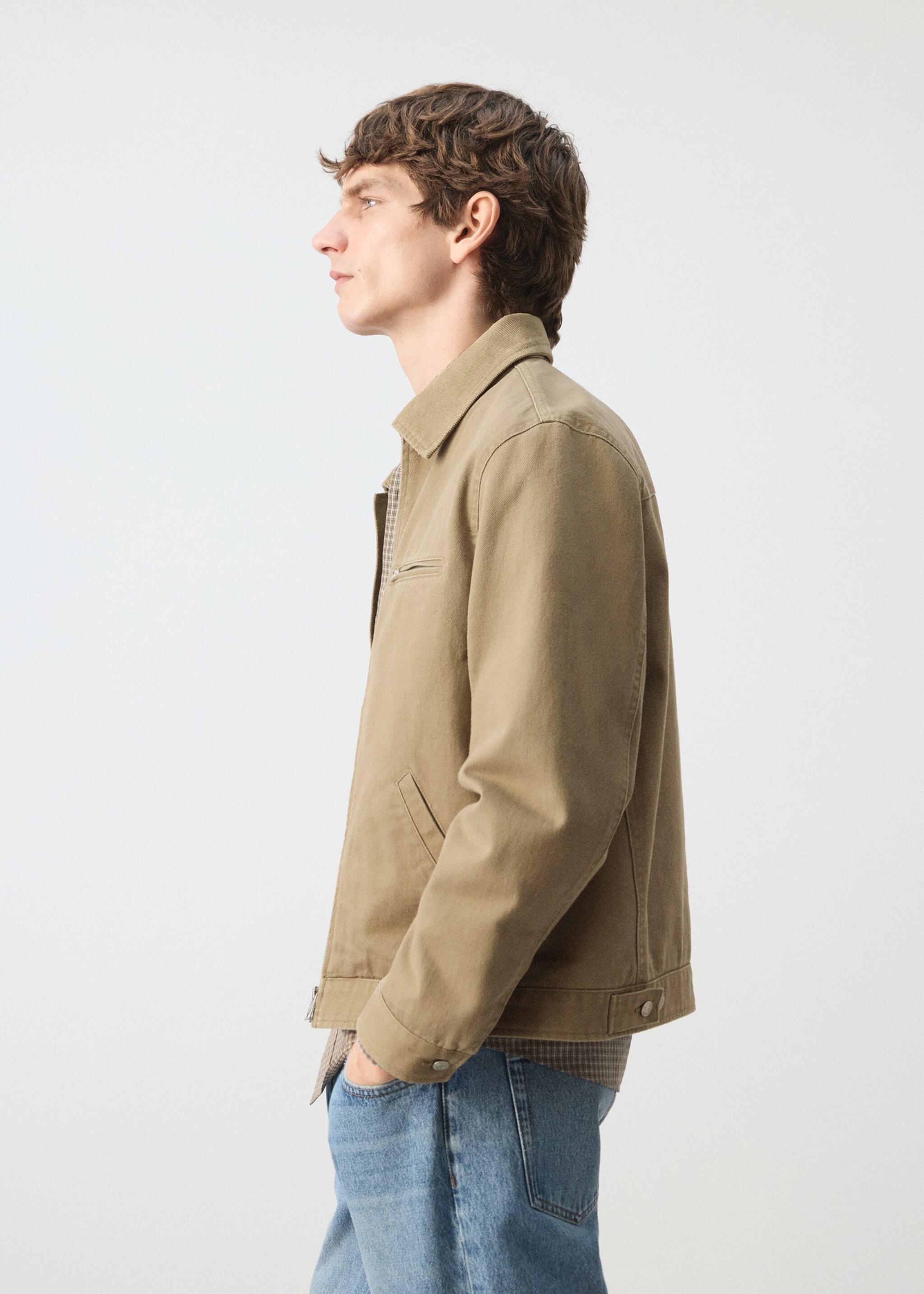 Corduroy collar denim jacket - Details of the article 2, Beige. Ref: 27044427-00.