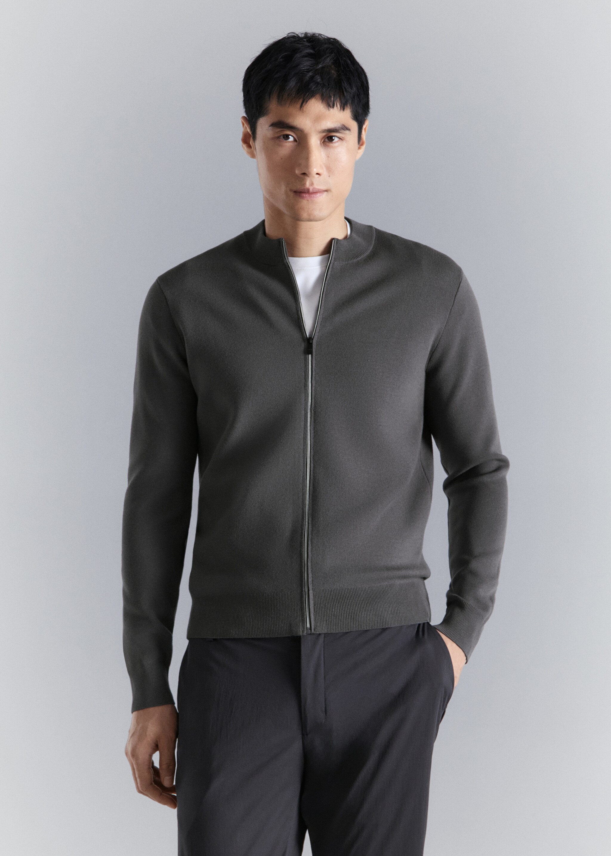 Comfort stretch knit cardigan - Medium plane, Dark Grey. Ref: 27044428-00.