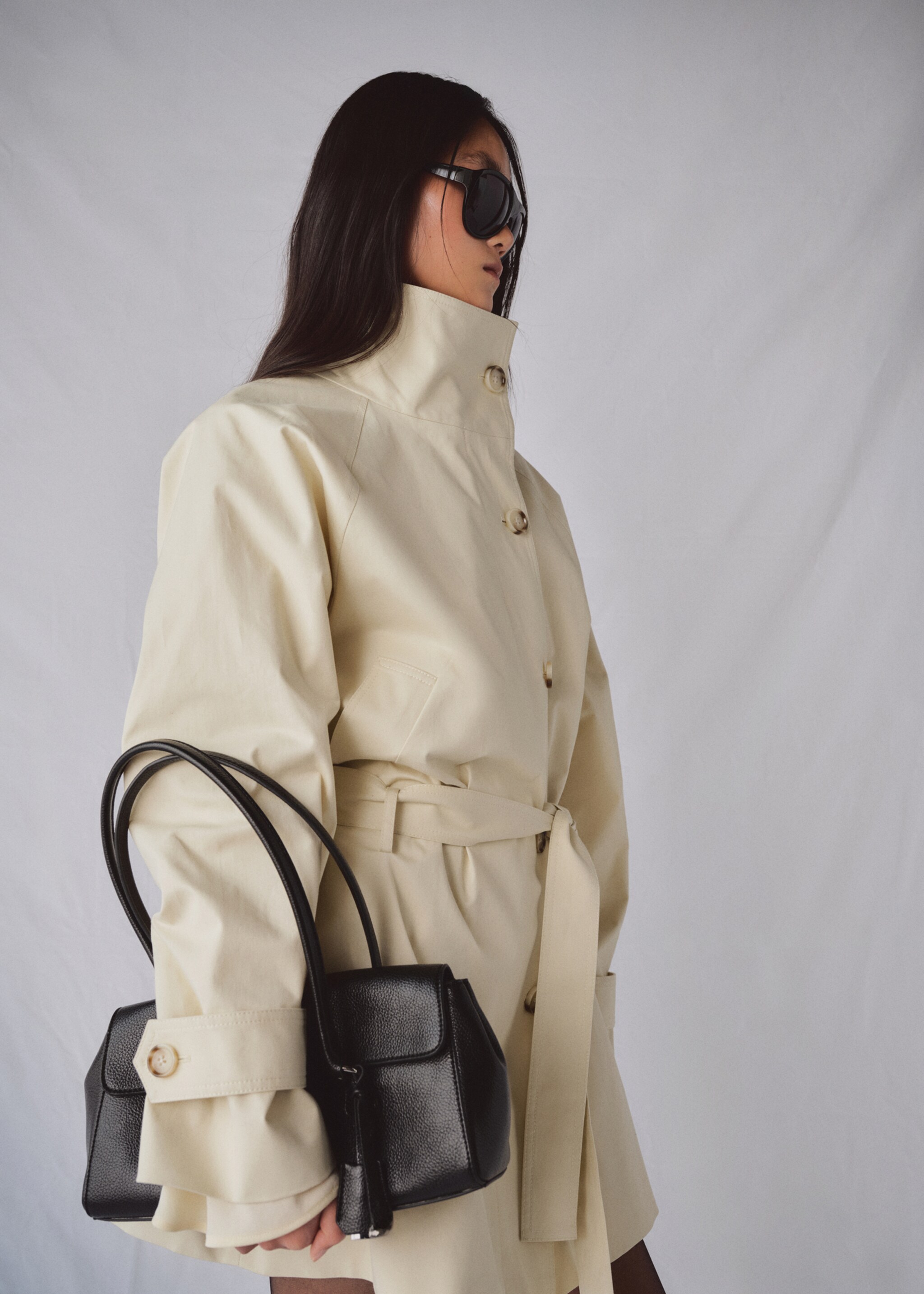 Funnel neck belted trench coat - Medium plane, Ecru. Ref: 27044775-00.