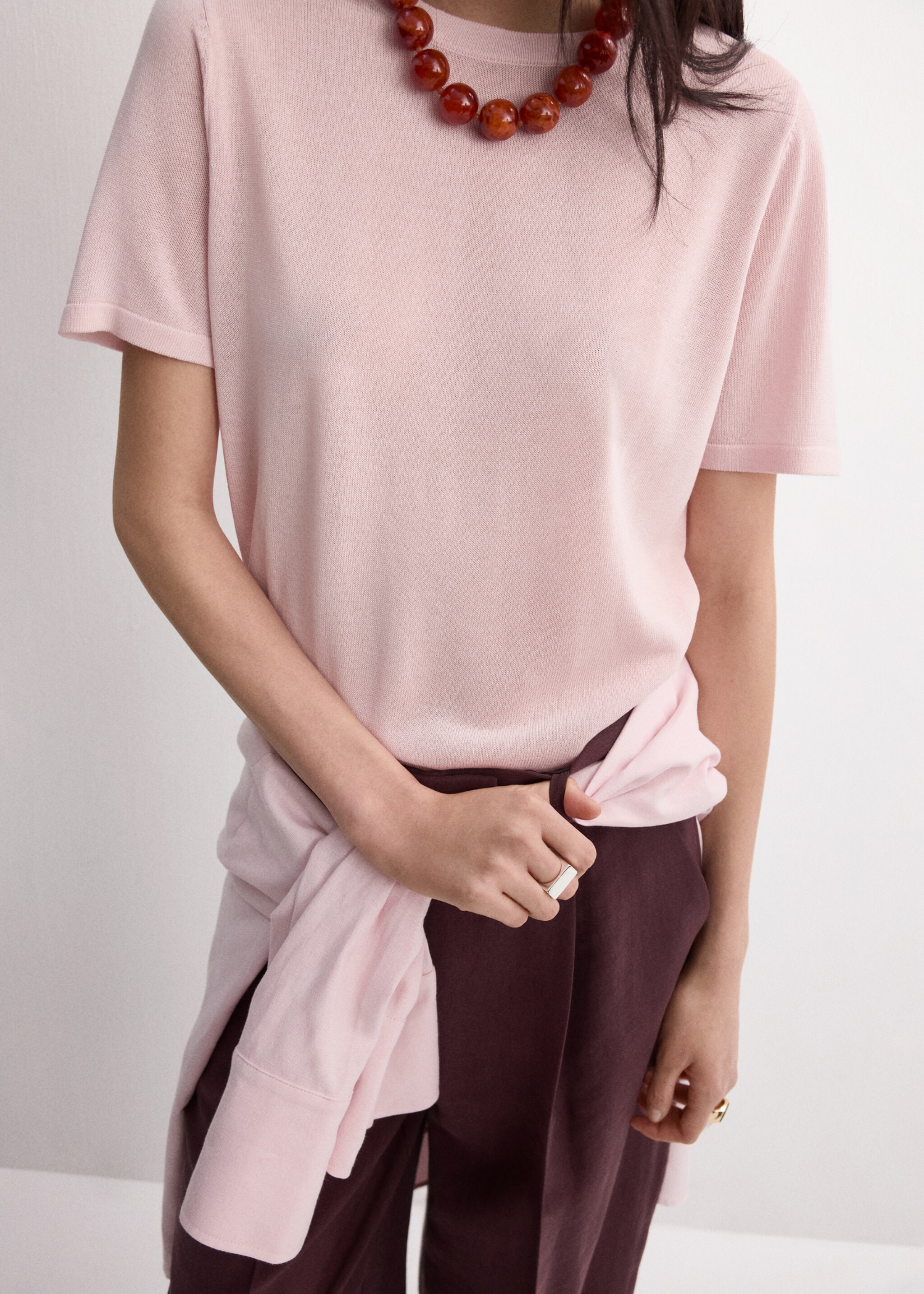 Short-sleeved knitted sweater - Medium plane, Pastel Pink. Ref: 27045820-00.
