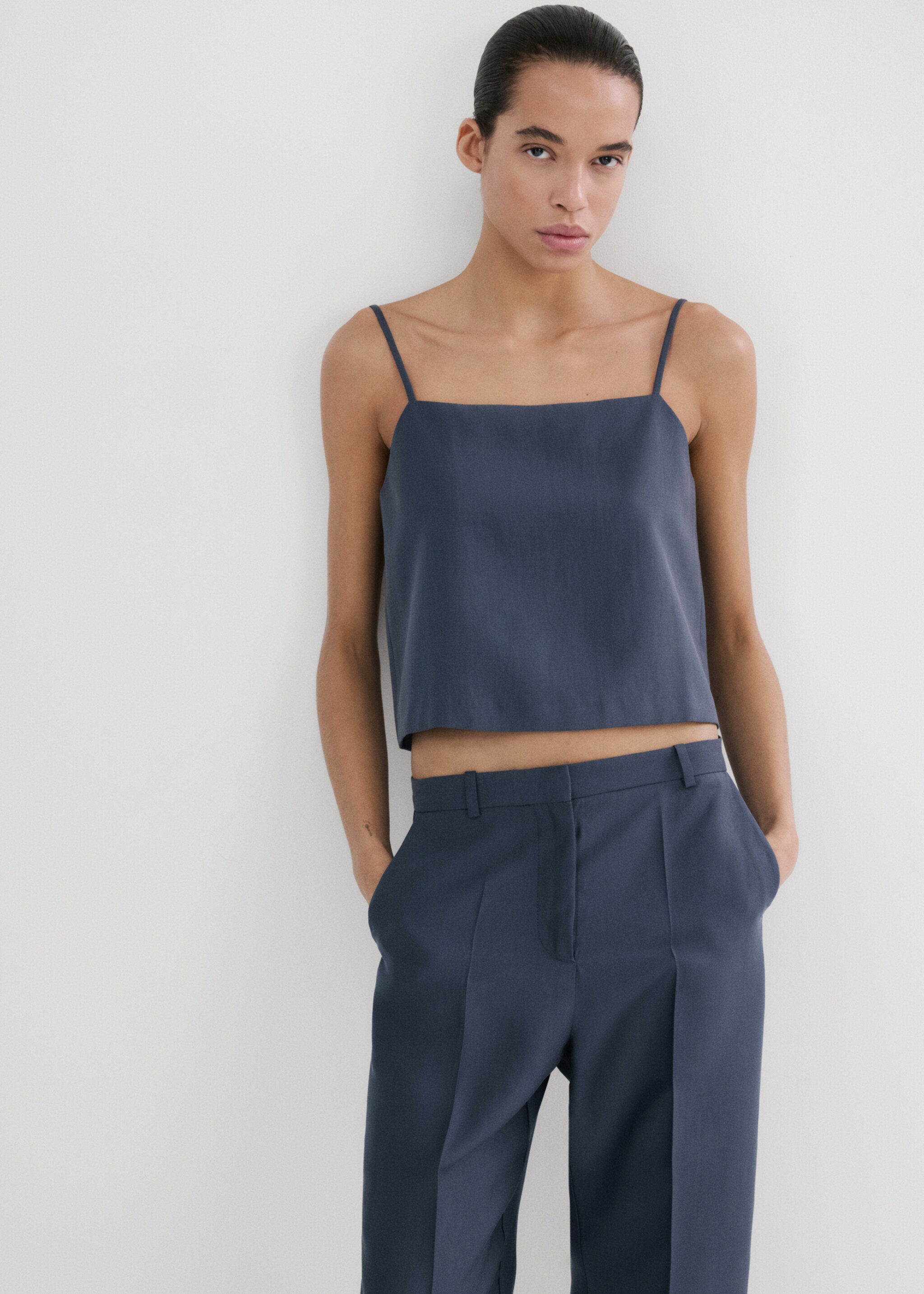 Mid-rise lyocell trousers - Details of the article 1, Blue. Ref: 27045833-00.