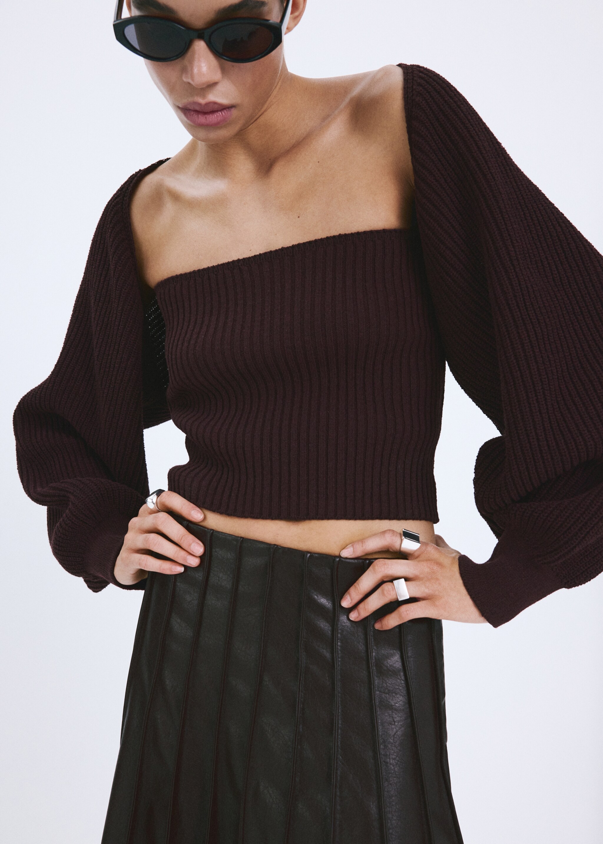 Cárdigan punto mangas abullonadas - Plano medio, Ciruela. Ref: 27045841-00.