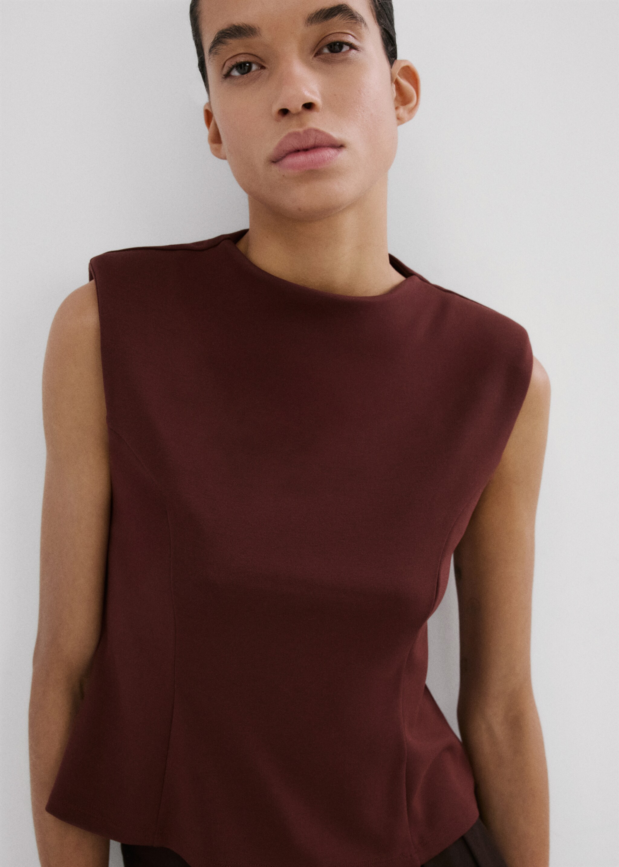 Peplum shoulder pad T-shirt - Medium plane, Burgundy. Ref: 27045844-00.