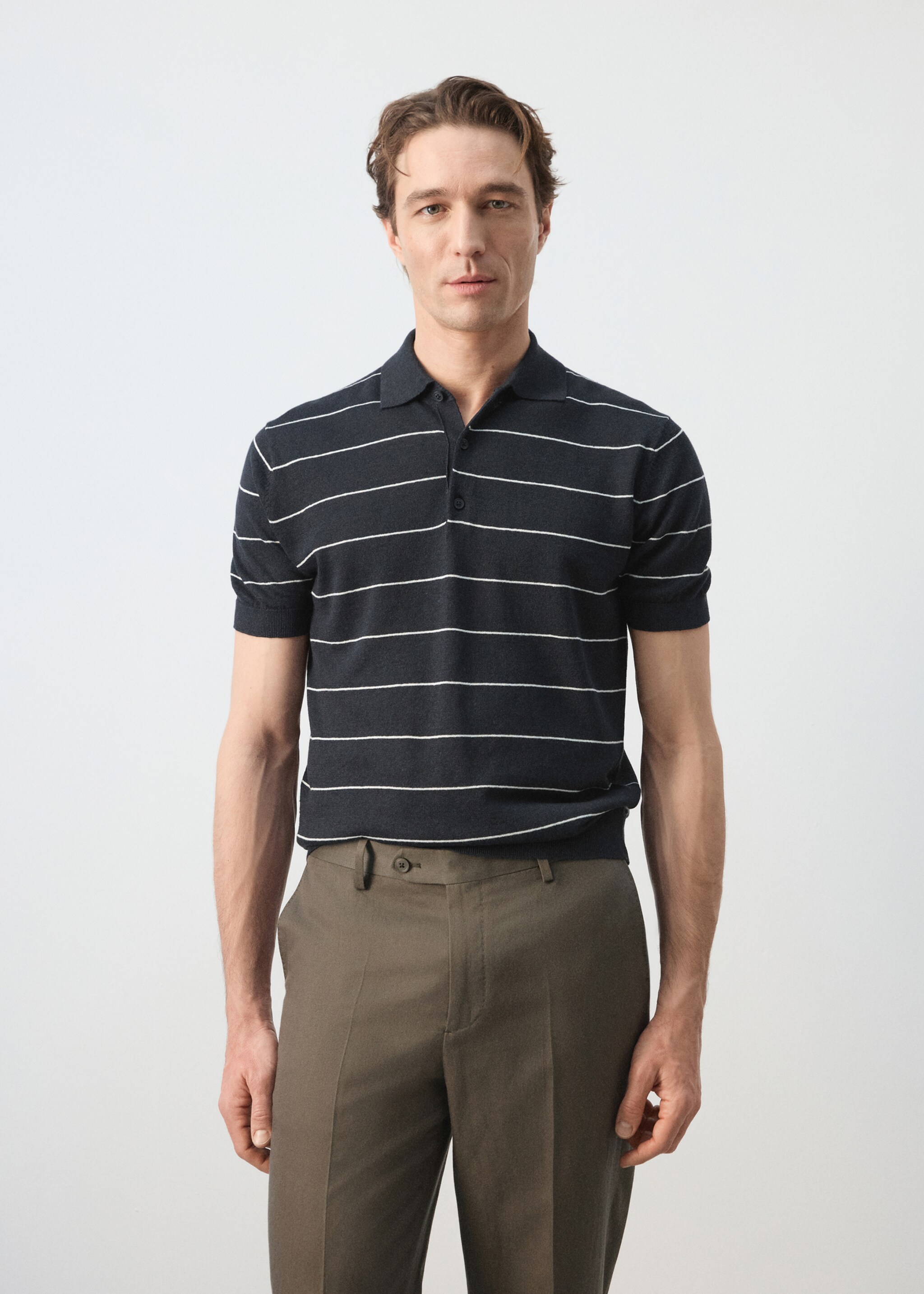Linen blend striped polo shirt - Medium plane, Navy. Ref: 27045942-00.