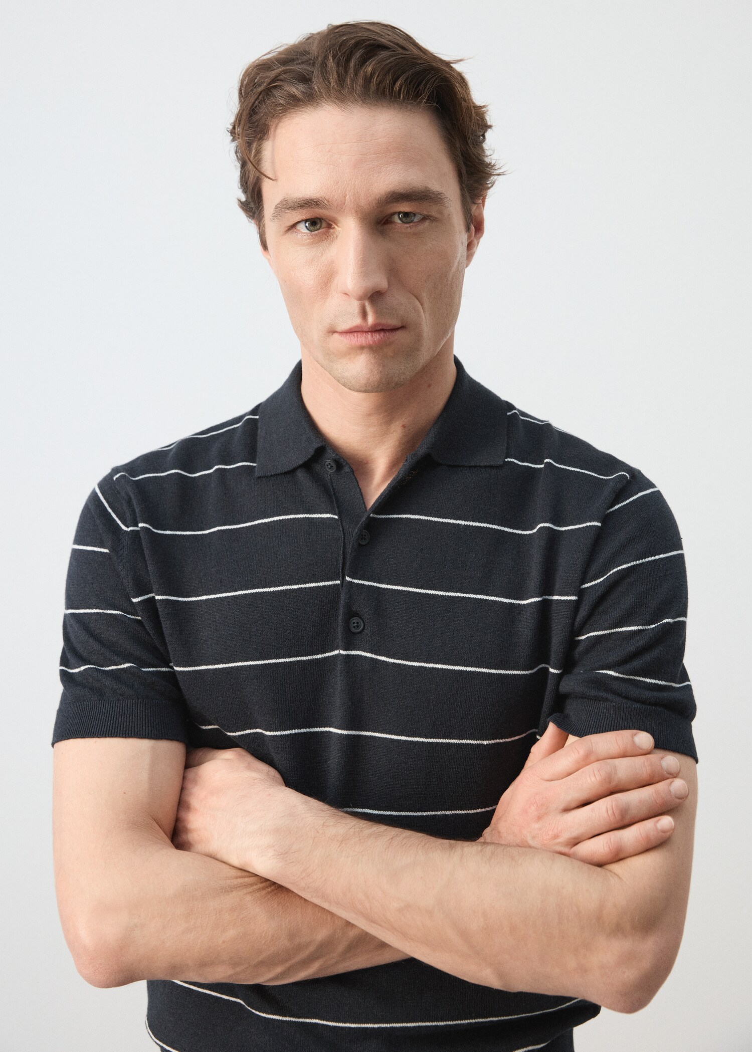 Linen blend striped polo shirt - Details of the article 1