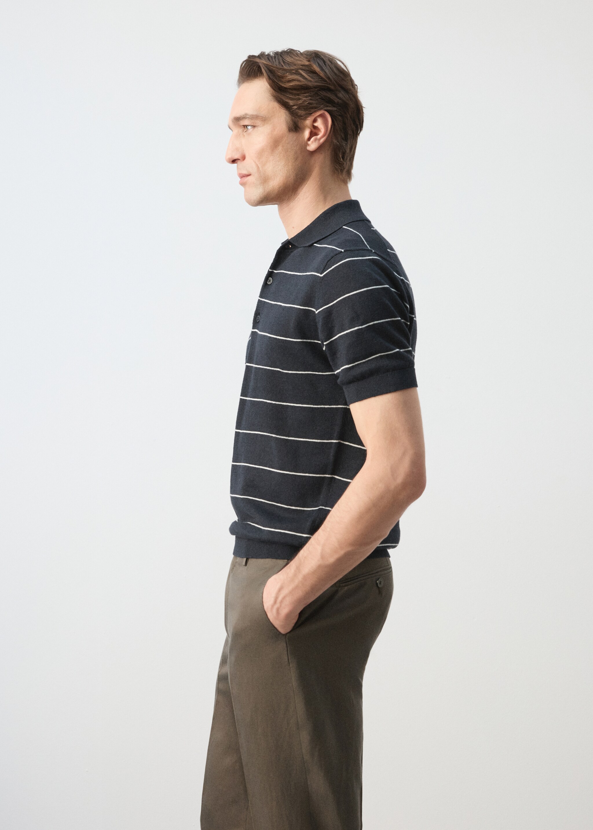 Linen blend striped polo shirt - Details of the article 2, Navy. Ref: 27045942-00.