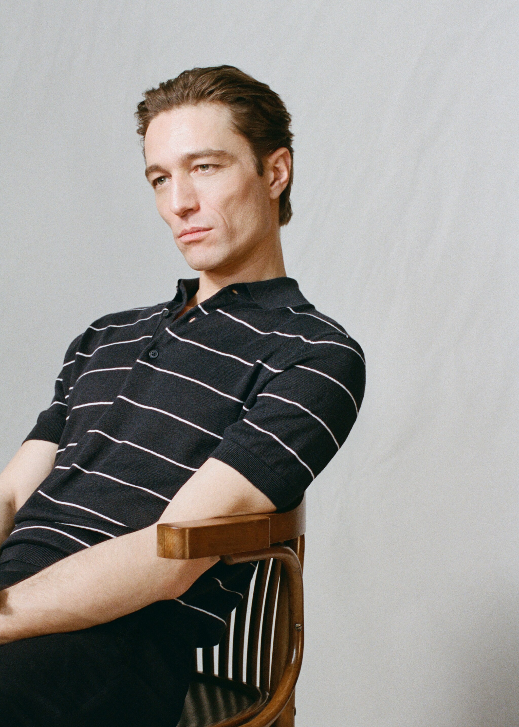 Linen blend striped polo shirt - Details of the article 5, Navy. Ref: 27045942-00.