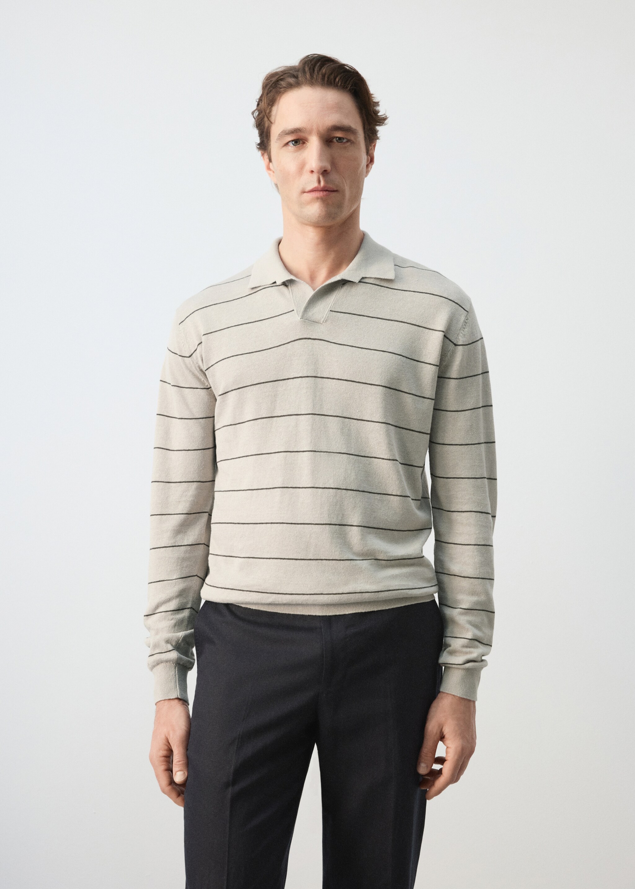 بولو جيرسي مزيج كتان مخطط - رؤية وسط, بيج. Ref: 27045943-00.