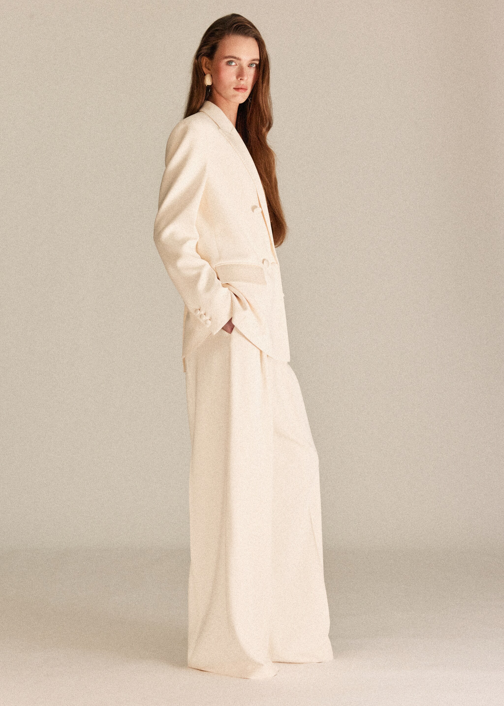 Satin waistband palazzo trousers - Medium plane, Ecru. Ref: 27045993-00.