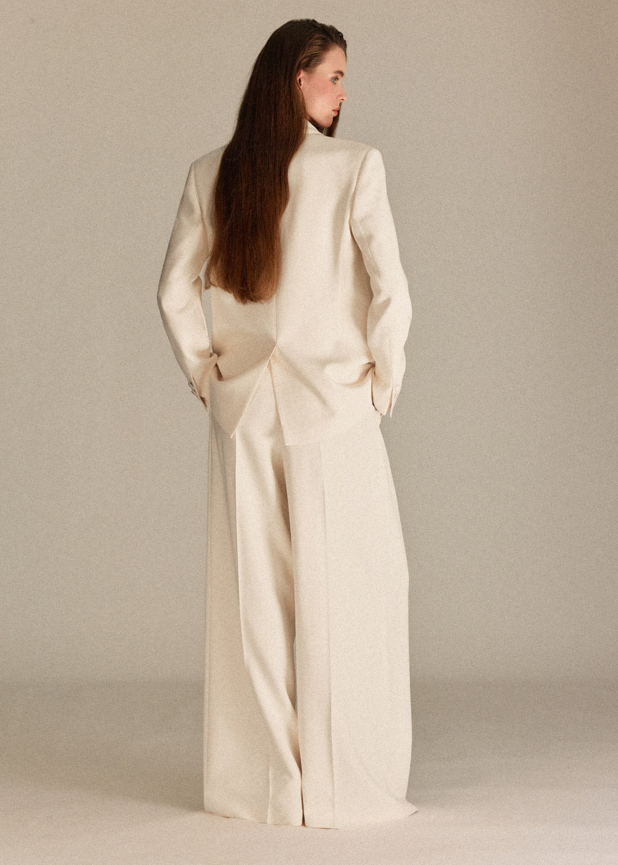 Satin waistband palazzo trousers - Details of the article 1, Ecru. Ref: 27045993-00.