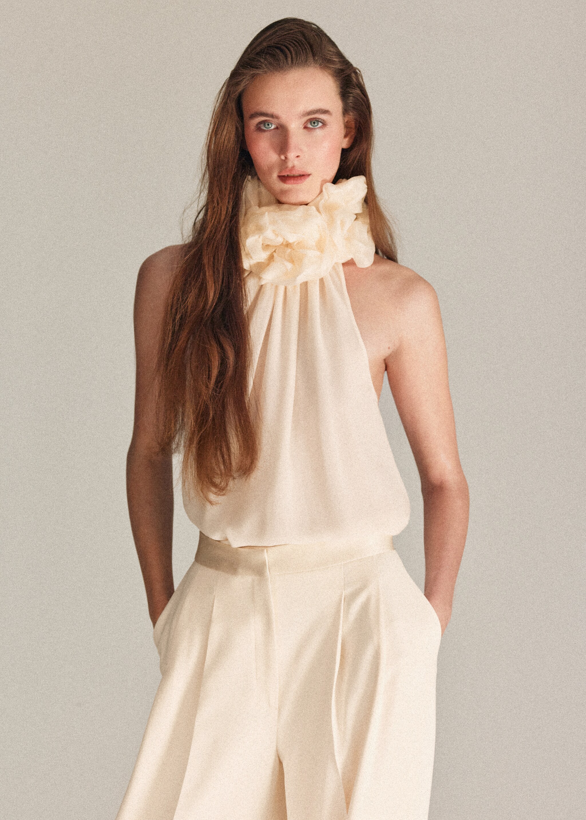 Satin waistband palazzo trousers - Reverse of the article, Ecru. Ref: 27045993-00.