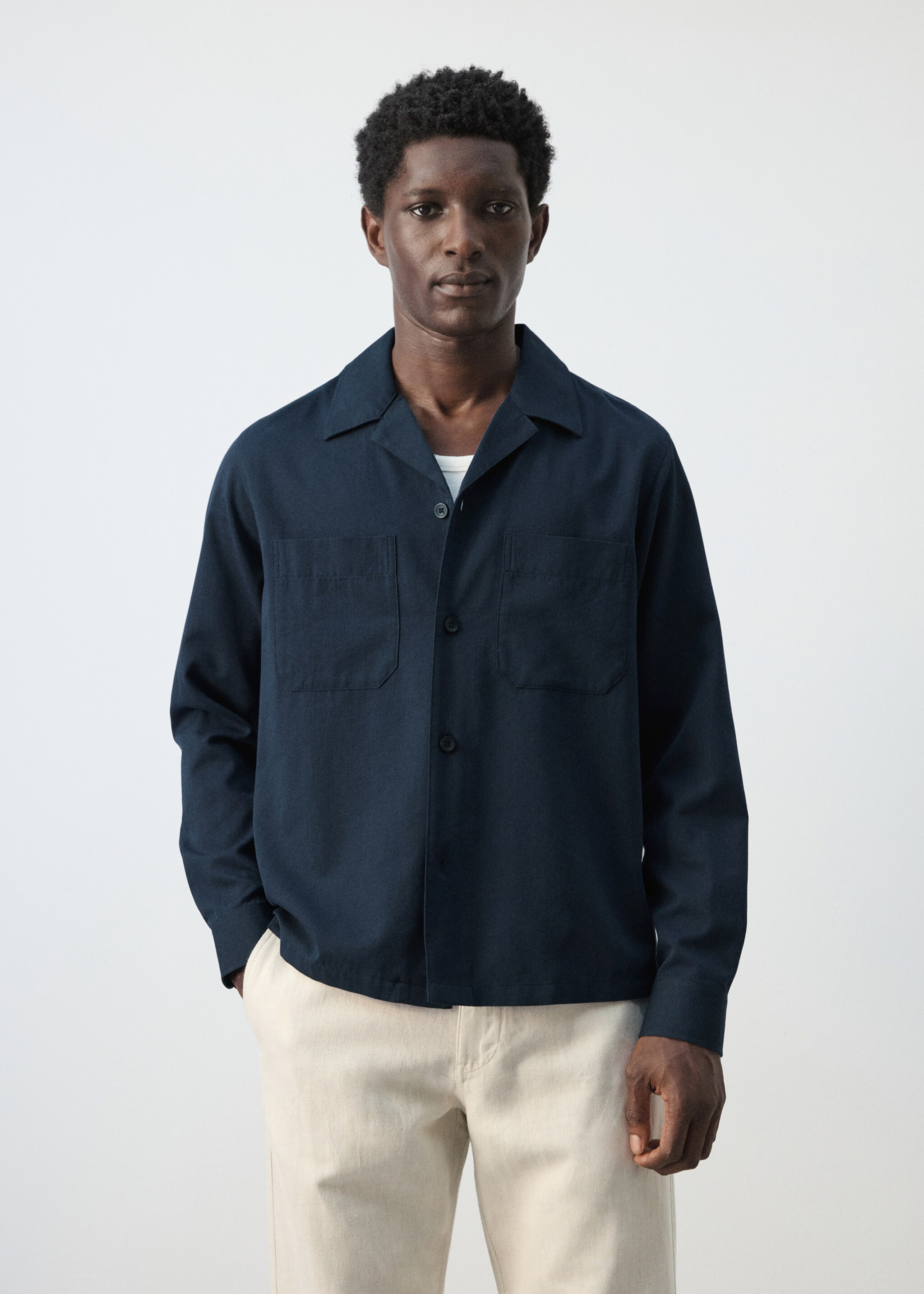 Sobrecamisa algodón cuello bowling - Plano medio, Azul marino. Ref: 27046711-00.