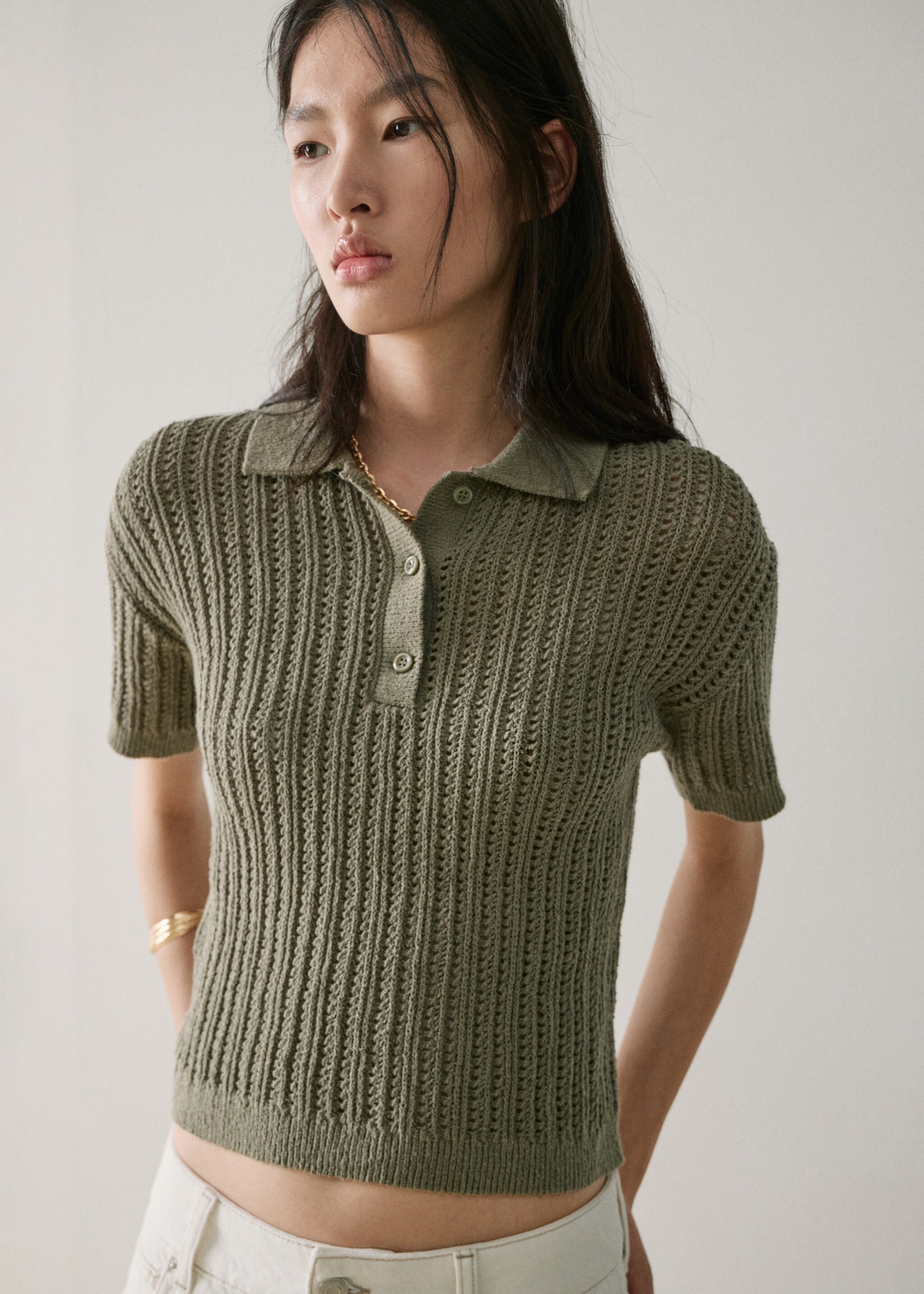 Openwork knitted polo-neck sweater - Medium plane, Khaki. Ref: 27047138-00.